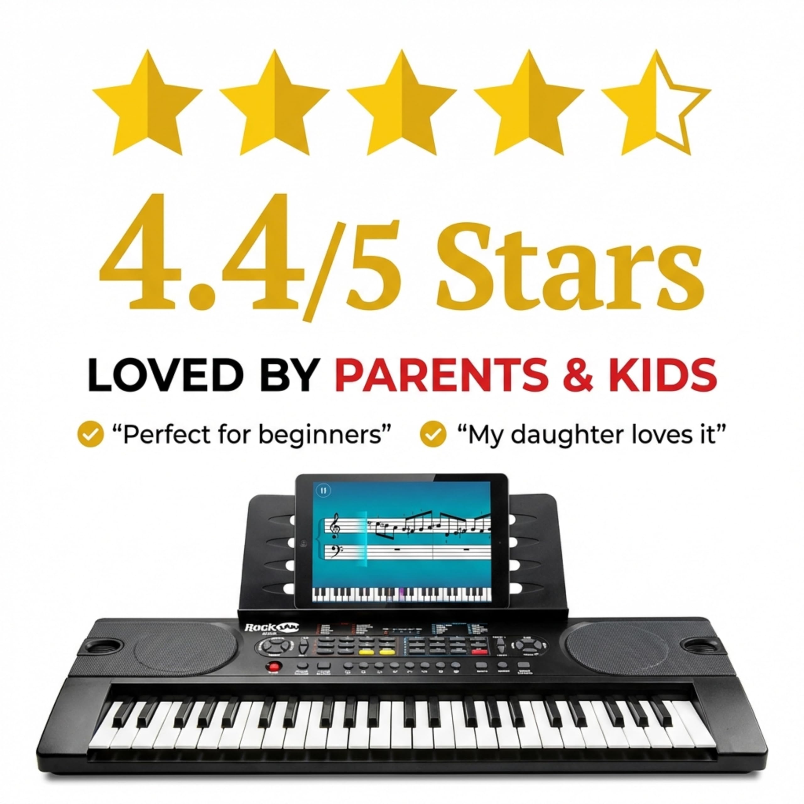 RockJam RJ549 Tastiera Pianoforte 49 Tasti per Principianti, Tastiera Elettronica Portatile con Alimentatore, Leggio, Adesivi Note e Lezioni