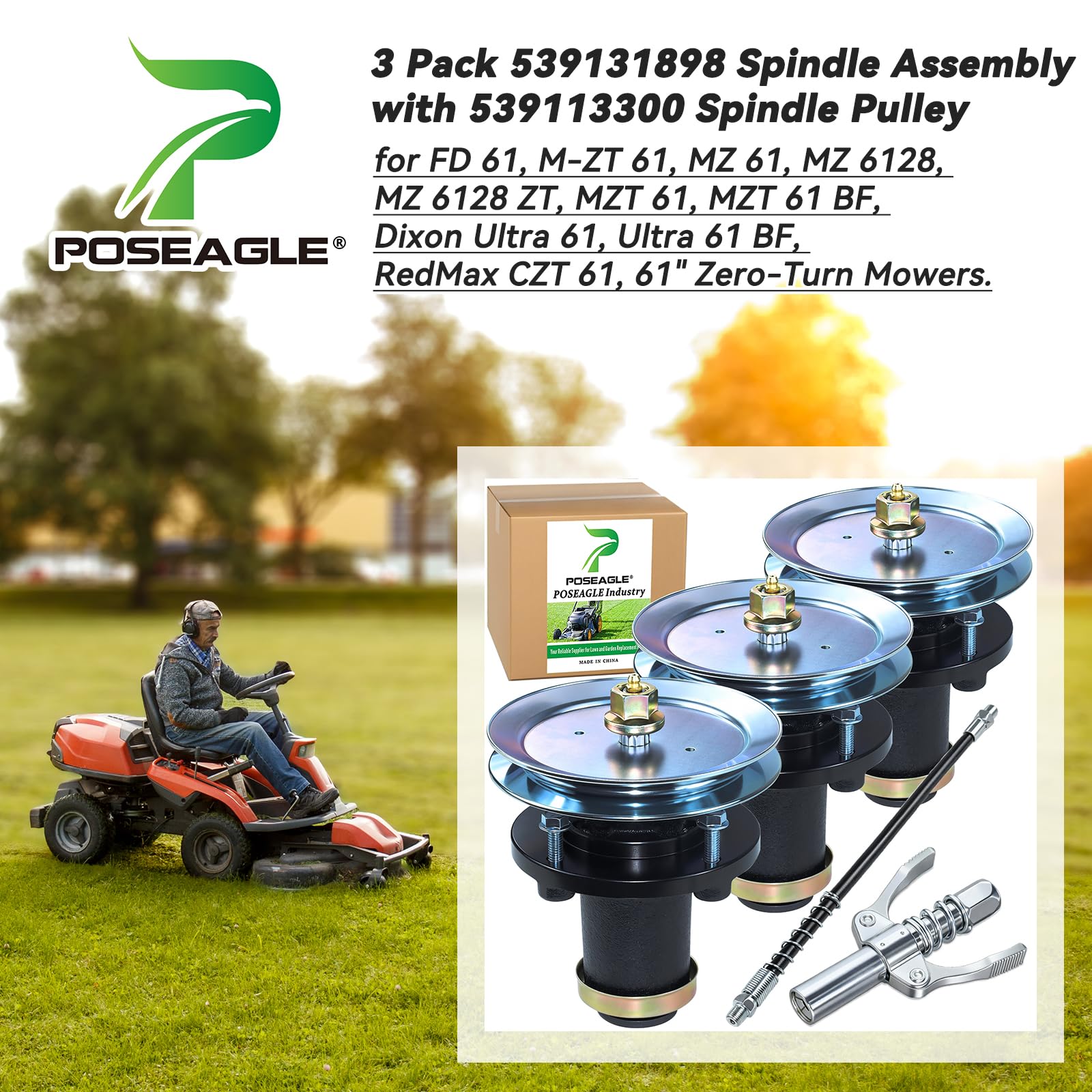 Paquete de 3 539131898 kit de montaje de husillo para cortacéspedes Husqvarna de 61 pulgadas | Reemplaza el husillo Husqvarna 539131898, 539113300 para husillo Husqvarna MZ61, MZT61, MZ6128, FD 61, MZ 6128 ZT, MZT 61 BF