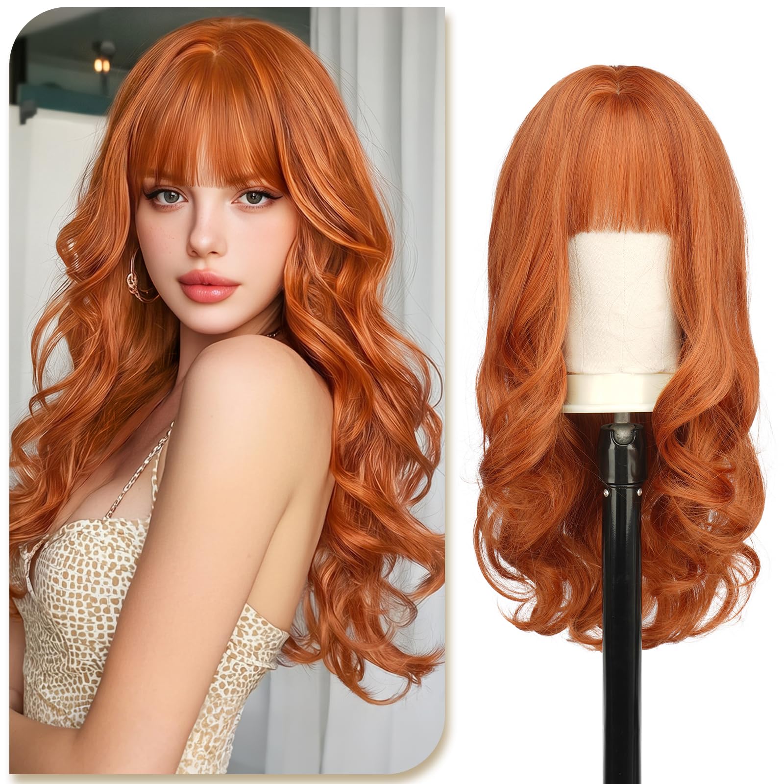 Sofeiyan Parrucca Lunga Riccia,60 cm Rosso Ramato Parrucca Ondulata Donna con Frangia,Sintetica Resistente al Calore per le Donne con Capelli Radi Indossare Tutti i Giorni Feste