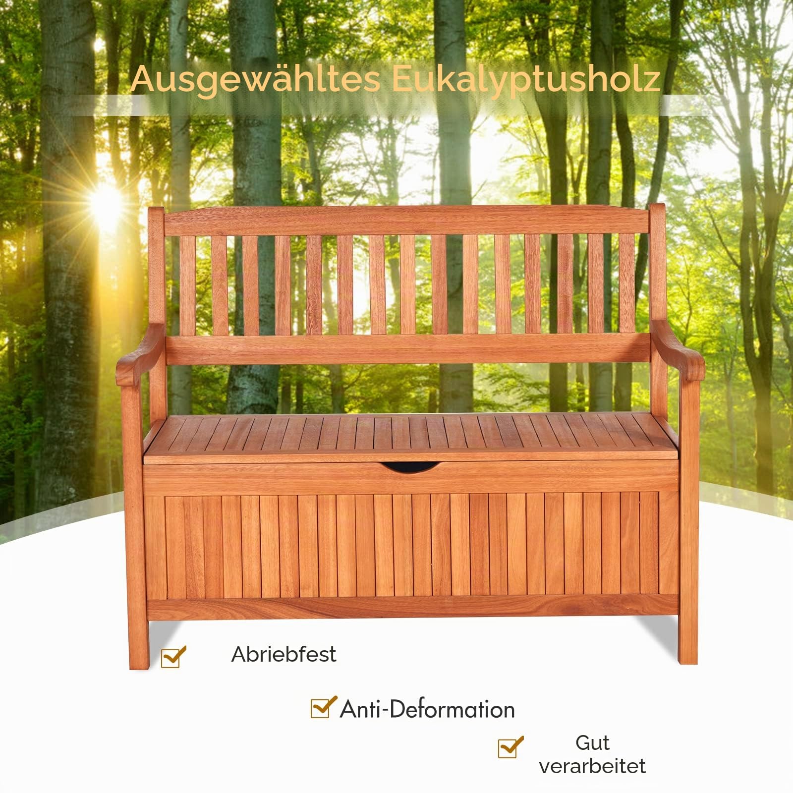 KOMFOTTEU 2 Sitzer Gartenbank mit Strauraum, Außenbank aus Eukalyptus, Holzbank mit Armlehnen und Rückenlehne bis zu 360 kg belastbar, Truhenbank für Garten Terrasse, Natur