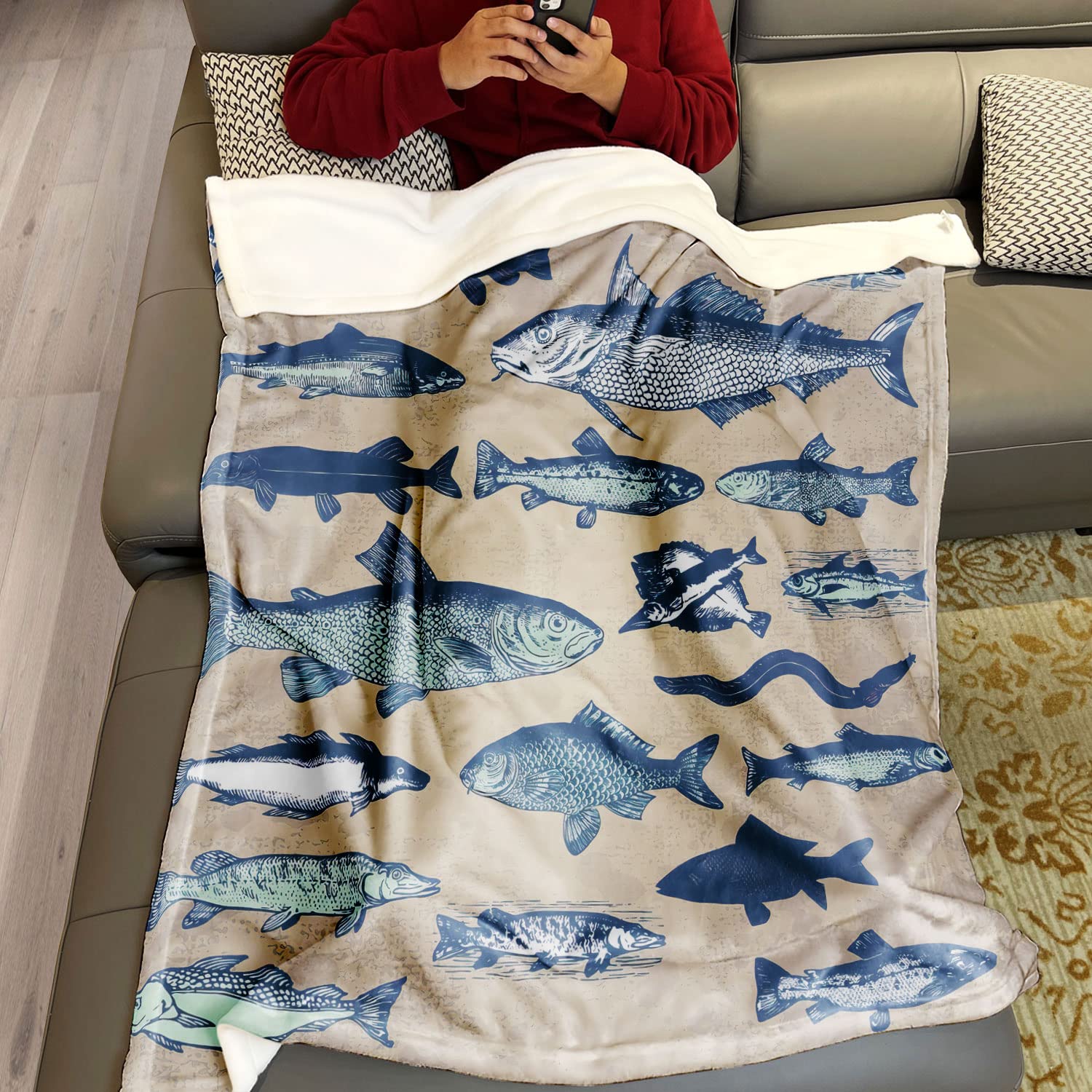 150x200 cm Flanell Weich Fleecedecke Kuscheldecken SanftBettüberwurf Decke Retro Fisch Kollektion