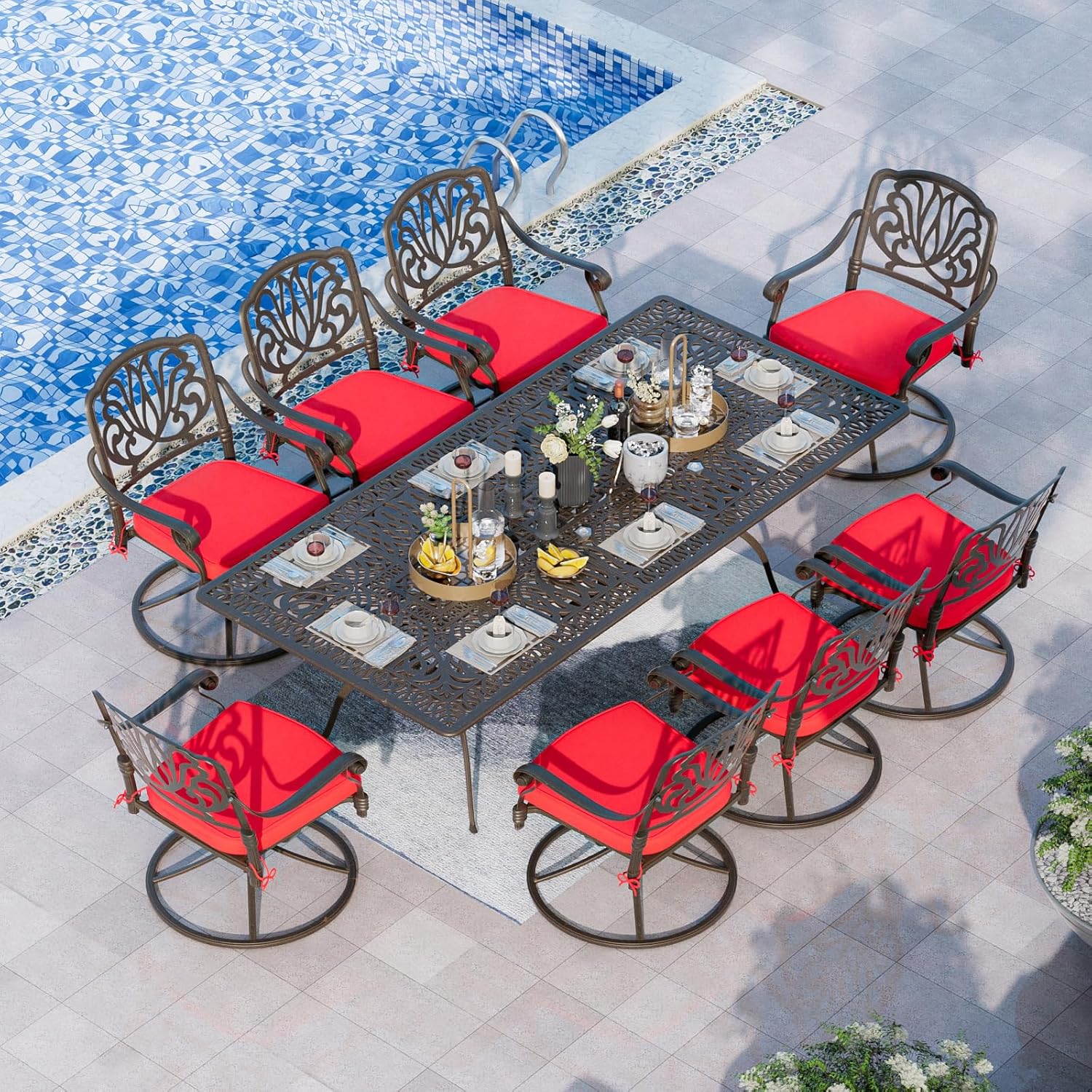 Grepatio 9 Piece Cast Aluminum Patio Furniture Set Outdoor Dining Set Bistro Furniture Set with 8 Swivel Chairs and Dining Table with Umbrella Hole, Cushions for Backyard Garden Poolside (Red)