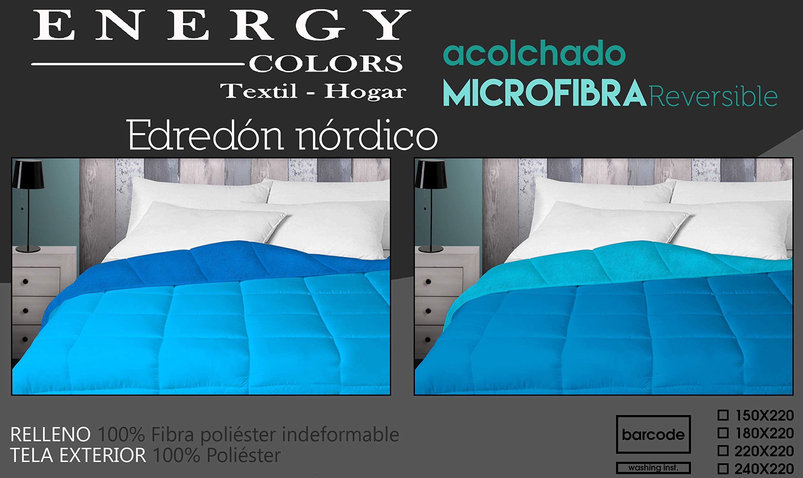 Energy Colors Textil - Hogar - Tokio - Relleno Nórdico 350 gr Reversible Liso Tacto Plumón Microfibra Otoño - Invierno (Azul, Cama 105 (180 x 220 cm))