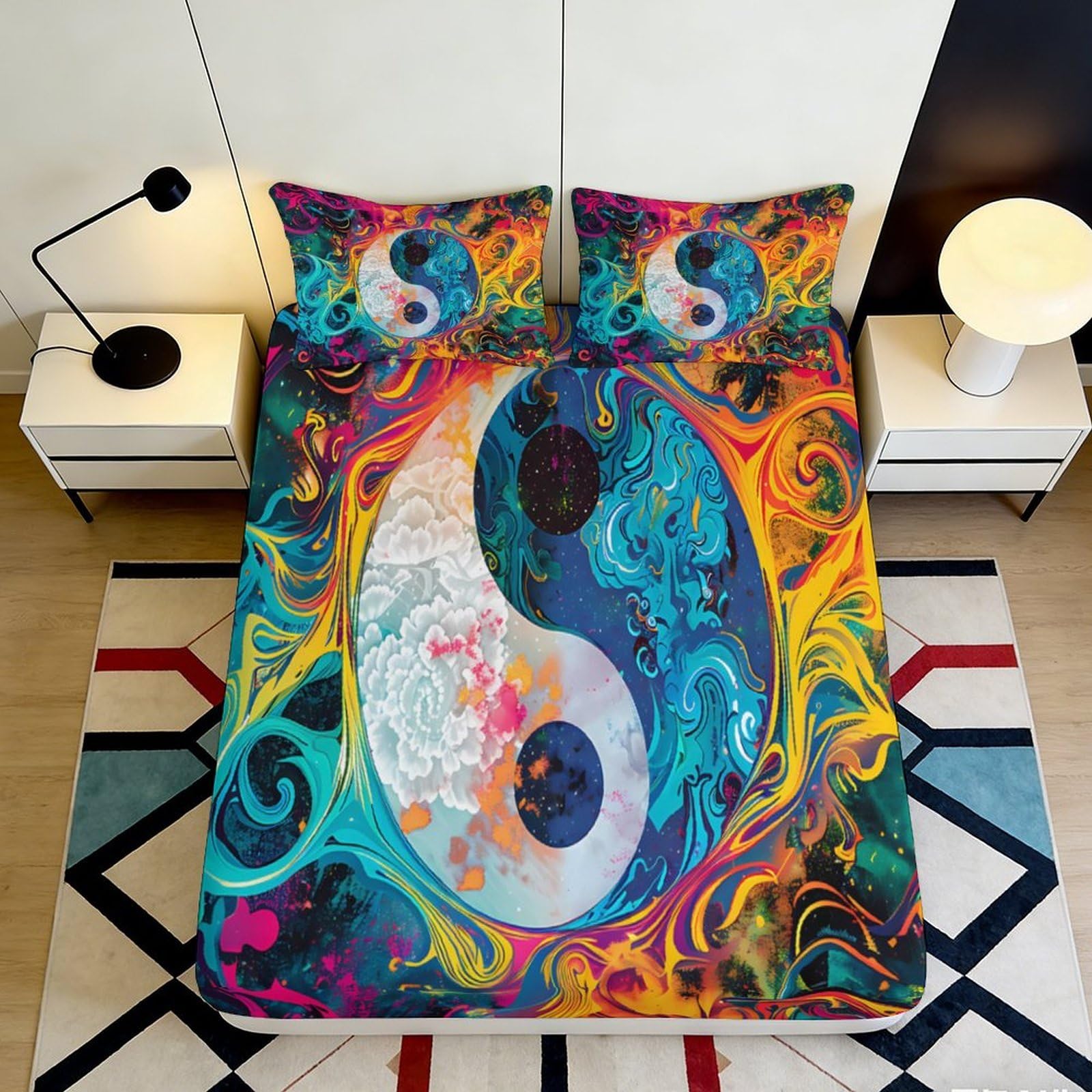 3D Printed Yin Yang Fitted Sheet Microfiber Deep Pocket Non-Slip Yin Yang Mattress Fitted Cover Washable for Bedroom Home Use 200x200x25cm 90x200x25cm