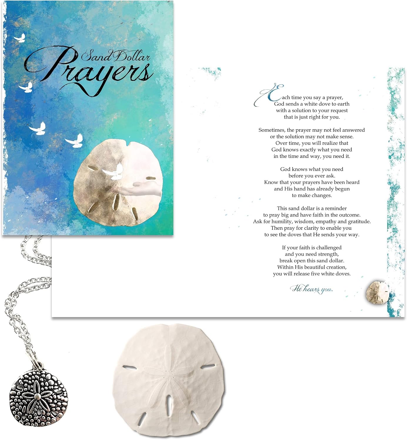 Smiling Wisdom - Spiritual Sand Dollar Prayers Greeting Card and Matching Real Natural Sand Dollar Gift Set - Sympathy, Grief, Sorrow - Women