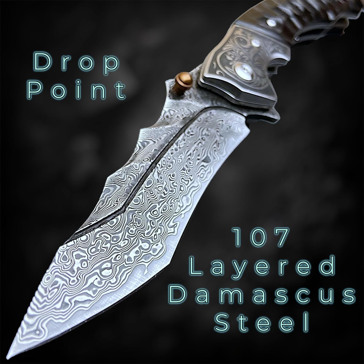 TACTICAL GEARZ Damascus Steel Pocket Knife, Ebony/Steel Handle, Includes Custom Leather Sheath (DXT79)