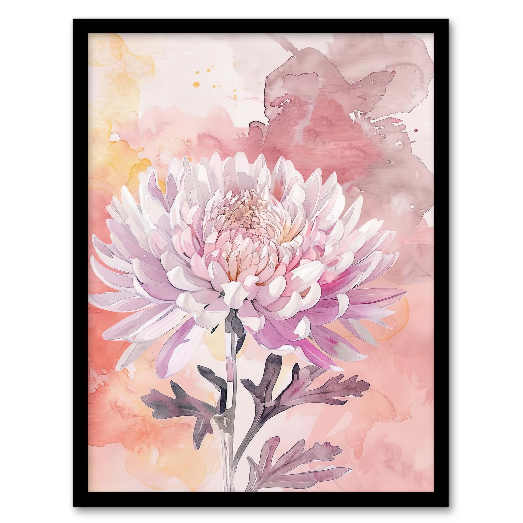 Artery8 Chrysanthemum Flower Watercolour Pastel Soft Living Room Artwork Framed Wall Art Print A4
