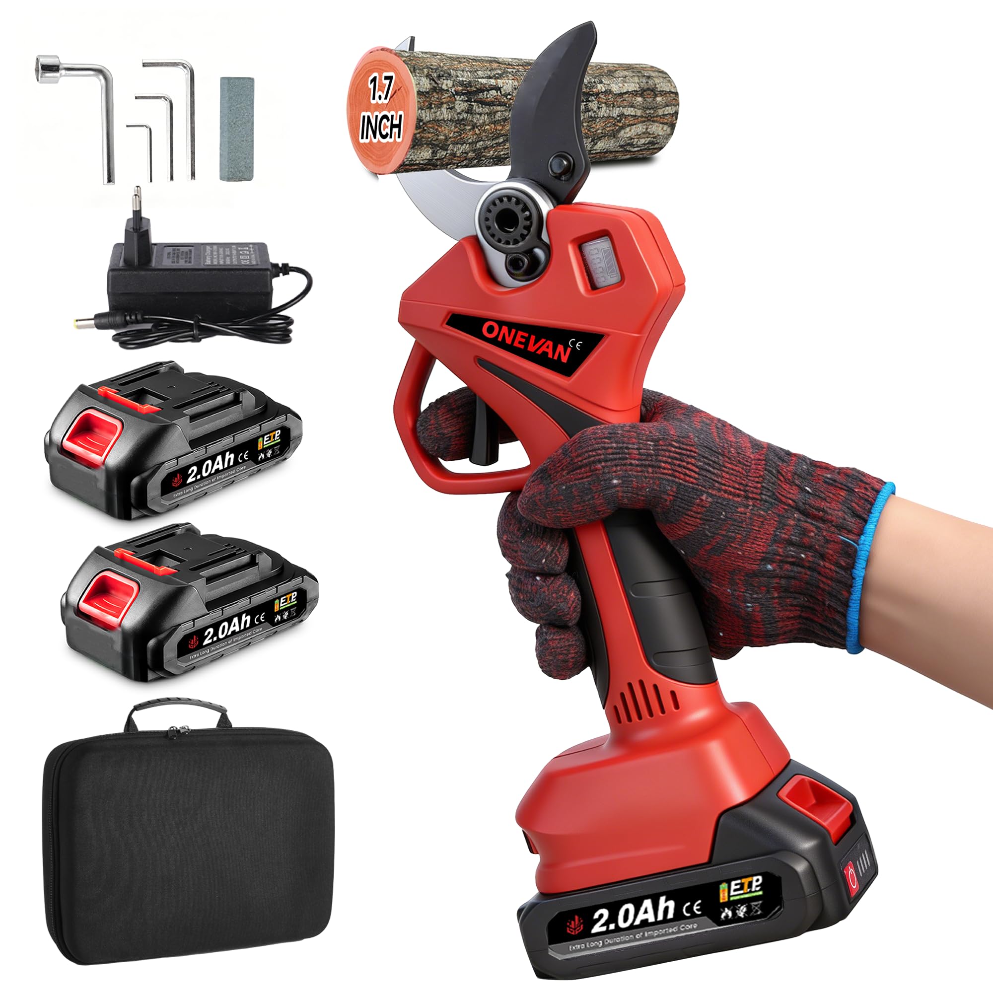 ONEVAN podadora electrica bateria, diámetro de corte de 45 mm, tijeras de podar electricas con 2 baterías de 2,0 Ah, sin escobillas, pantalla LCD, tesoura de podar para jardines