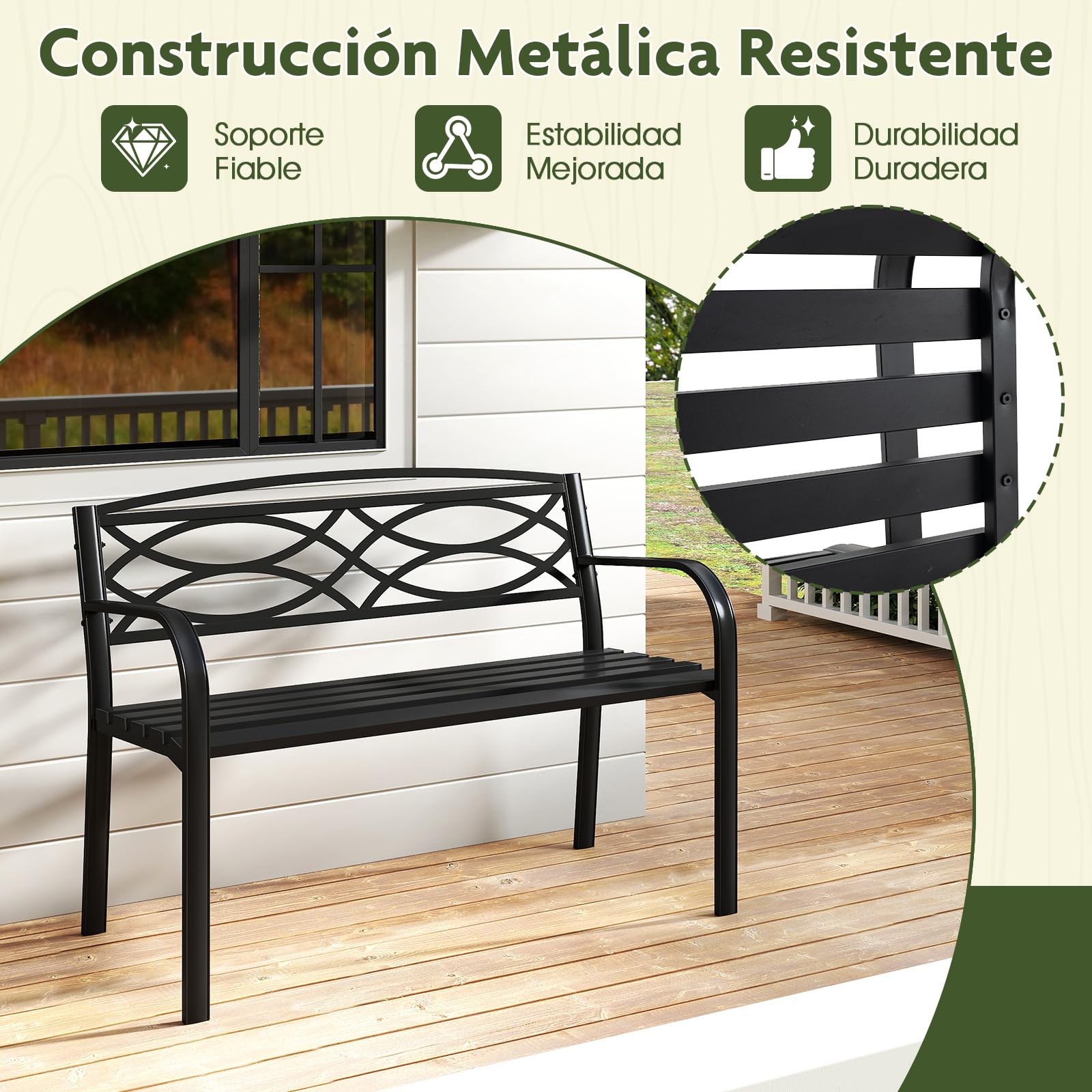 GOPLUS Banco de Jardín de Metal Resistente con Respaldo | Asiento con Listones y Reposabrazos Curvados para 2 Personas, Mueble de Exterior para Patio Trasero, Piscina, Porche y Parque