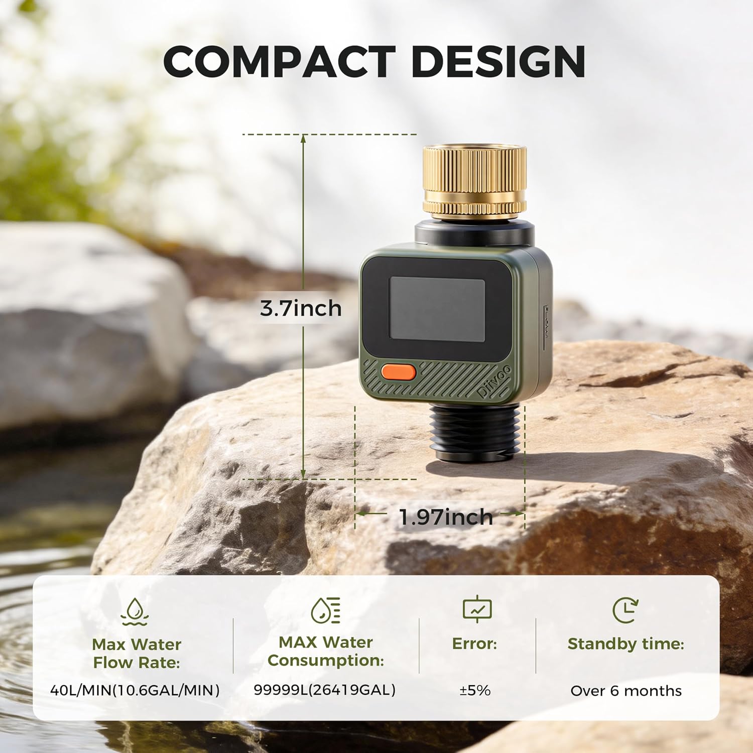 Diivoo Water Flow Meter with dimensions and key specifications listed: Max Water Flow Rate, Max Water Consumption, Error, Standby time.