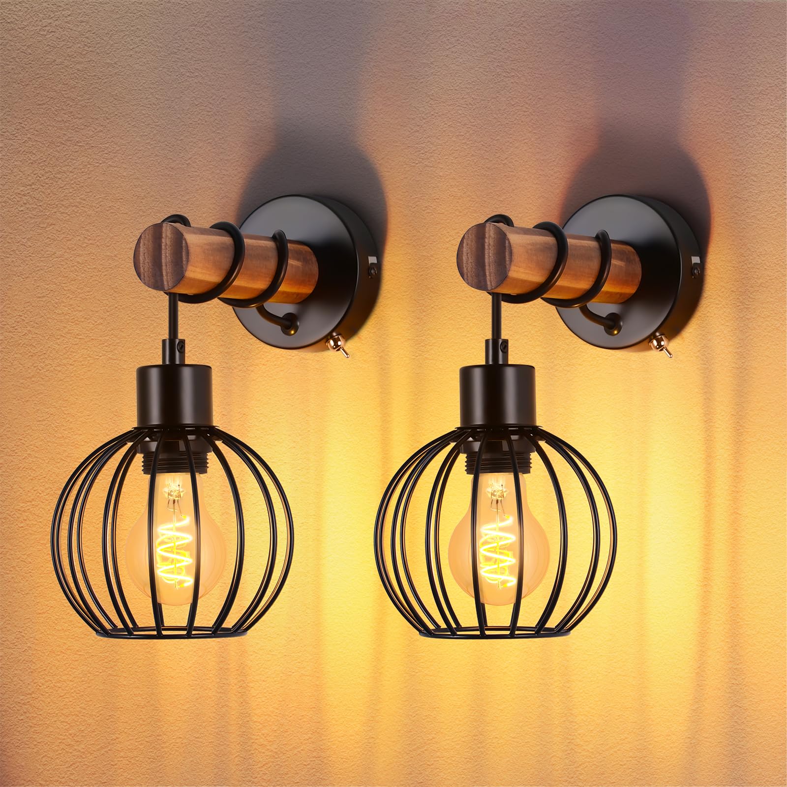 ZMH 2er Wandleuchte Wohnzimmer Vintage Holz: Wandlampe mit Schalter Wandbeleuchtung Schwarz im industrial Design E27 Wandstrahler aus Metall Bettlampe für Schlafzimmer Flur Cafe - Ohne Leuchtmittel