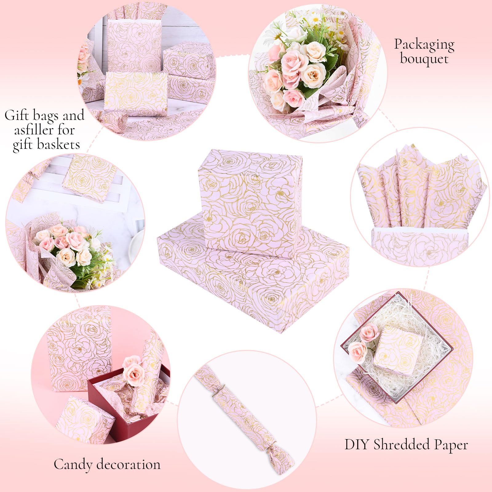 Pink Gold Rose Gift Wrapping Paper - 100 Sheets Floral Pattern Tissue Paper