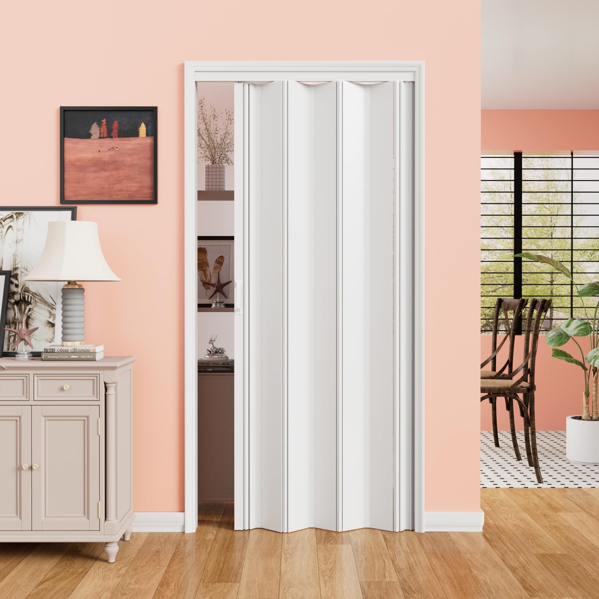 48" x 80" PVC Accordion Door for Door Openings Width: 37"-48", Accordion Doors Interior with Strong Magnet for Tight Closure, Trimmable Height & Width for Flexible Fit to Any Opening, Easy to Install
