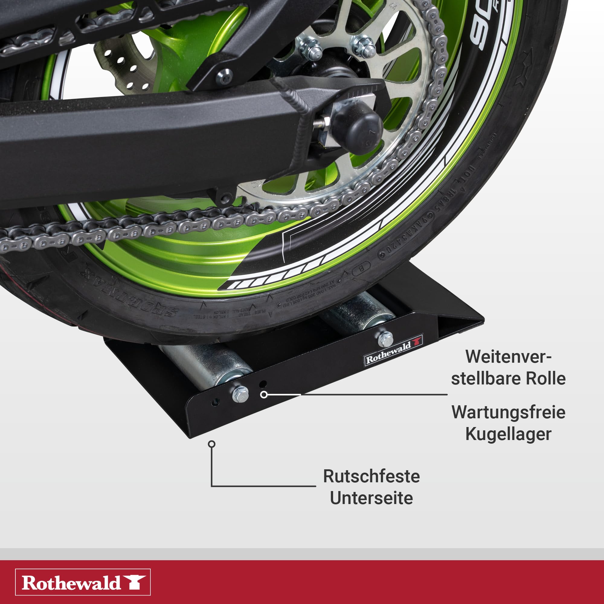 Rothewald Motorrad-Drehhilfe mit Distanzstück, bis 400 kg, Reinigungs-Ständer für Ketten & Reifen, Rollenständer Ideal zur Inspektion, Wartung & zum Kette Schmieren, für das Hinterrad