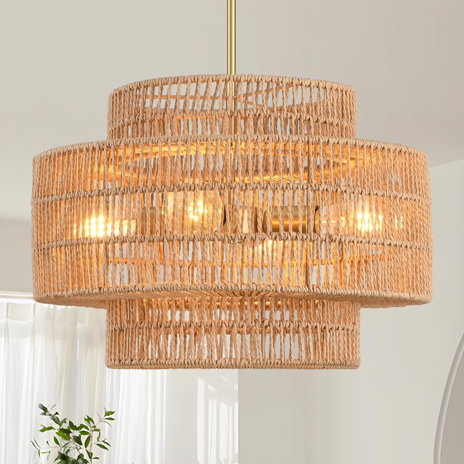 17.7"Boho Rattan Chandelier Light Fixture,4-Light Hand Woven Wicker Pendant Light Fixture Farmhouse Rustic Hanging Ceiling Lamp for Kitchen Island Bedroom, Dining Room, Living Room, Entryway, Foyer