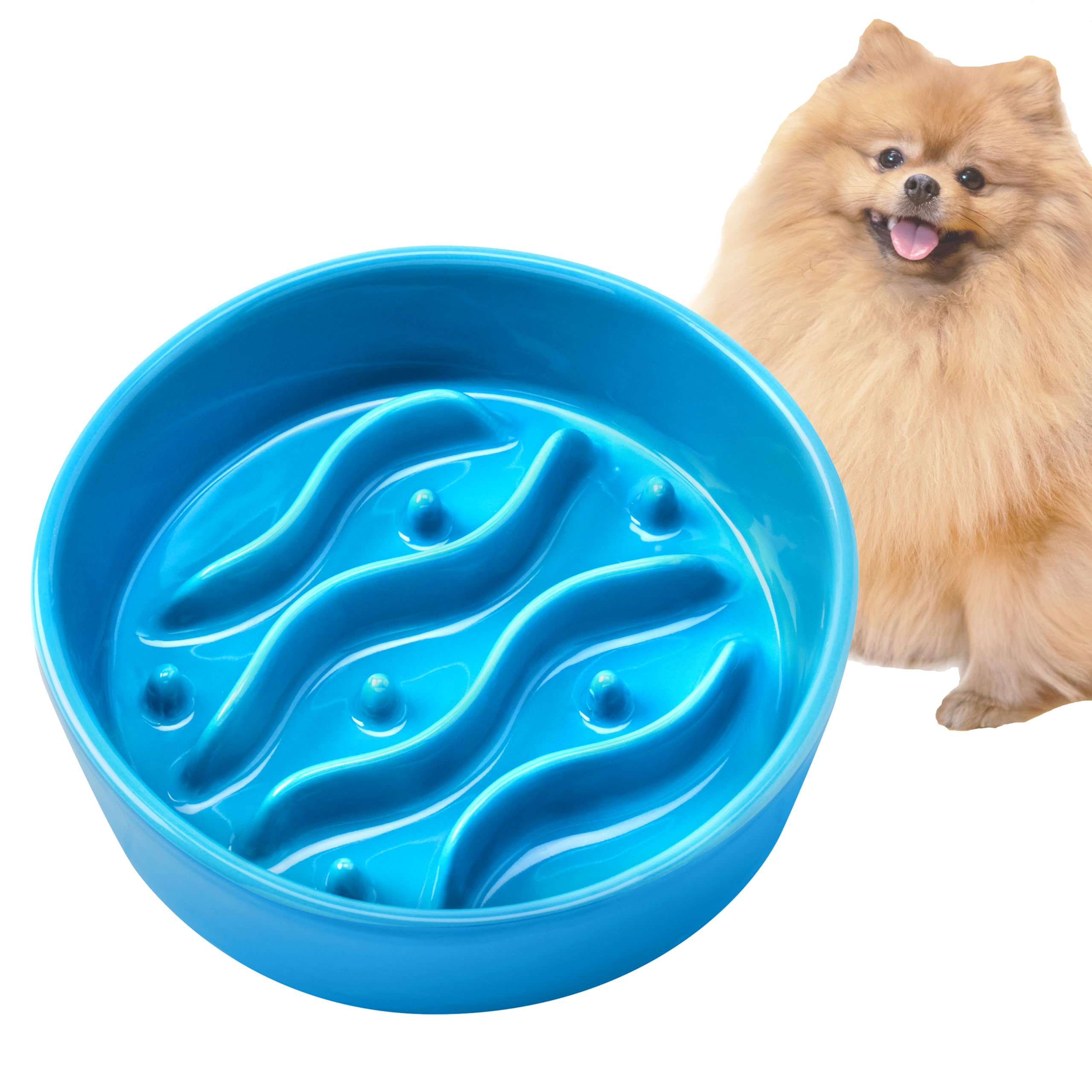 Ceramic Slow Feeder Dog Bowl for Small Breed, 6-Inch Dog Slow Feeder Bowl for Fast Eaters, 14oz, Baby Blue
