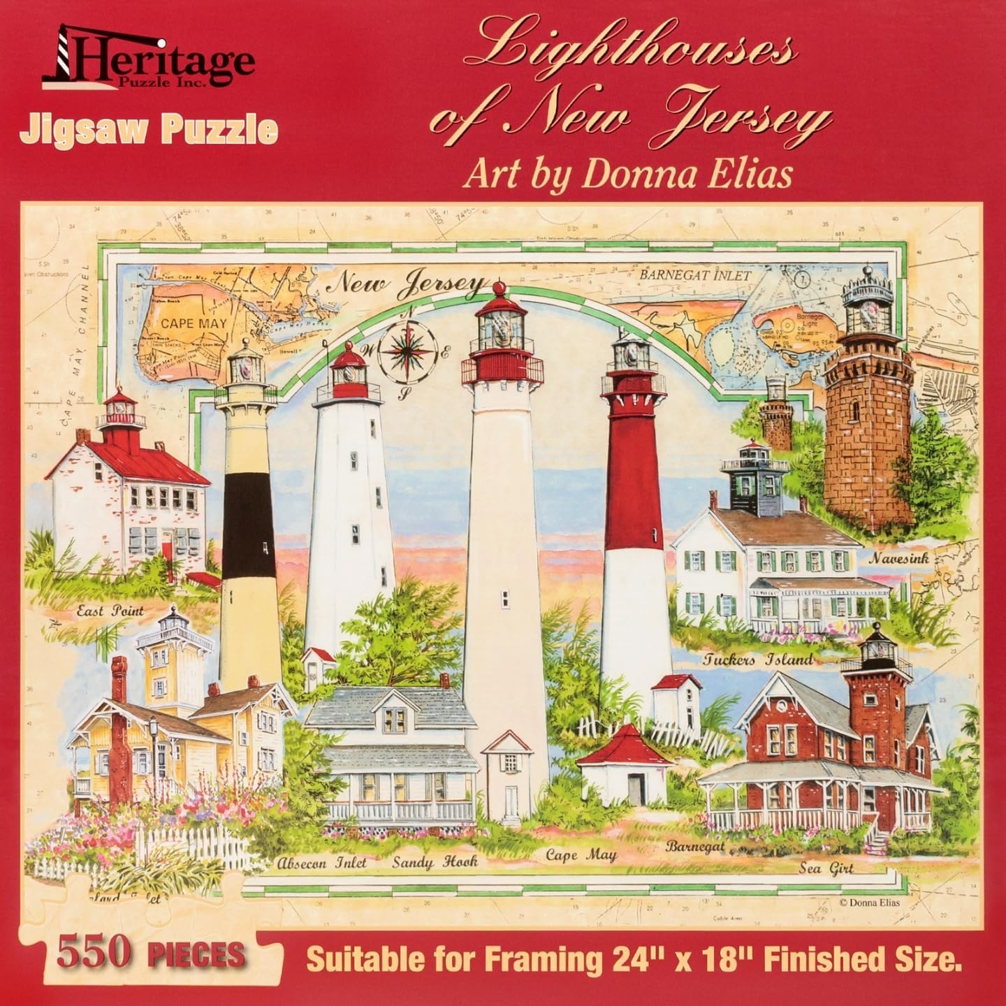 Heritage Puzzle - Lighthouses of New Jersey by Donna Elias 550 Piece Puzzles for Adults - Scenic Coastal Lighthouse Collage Art - Frameable Jigsaw Puzzle 18" x 24" Finished Size