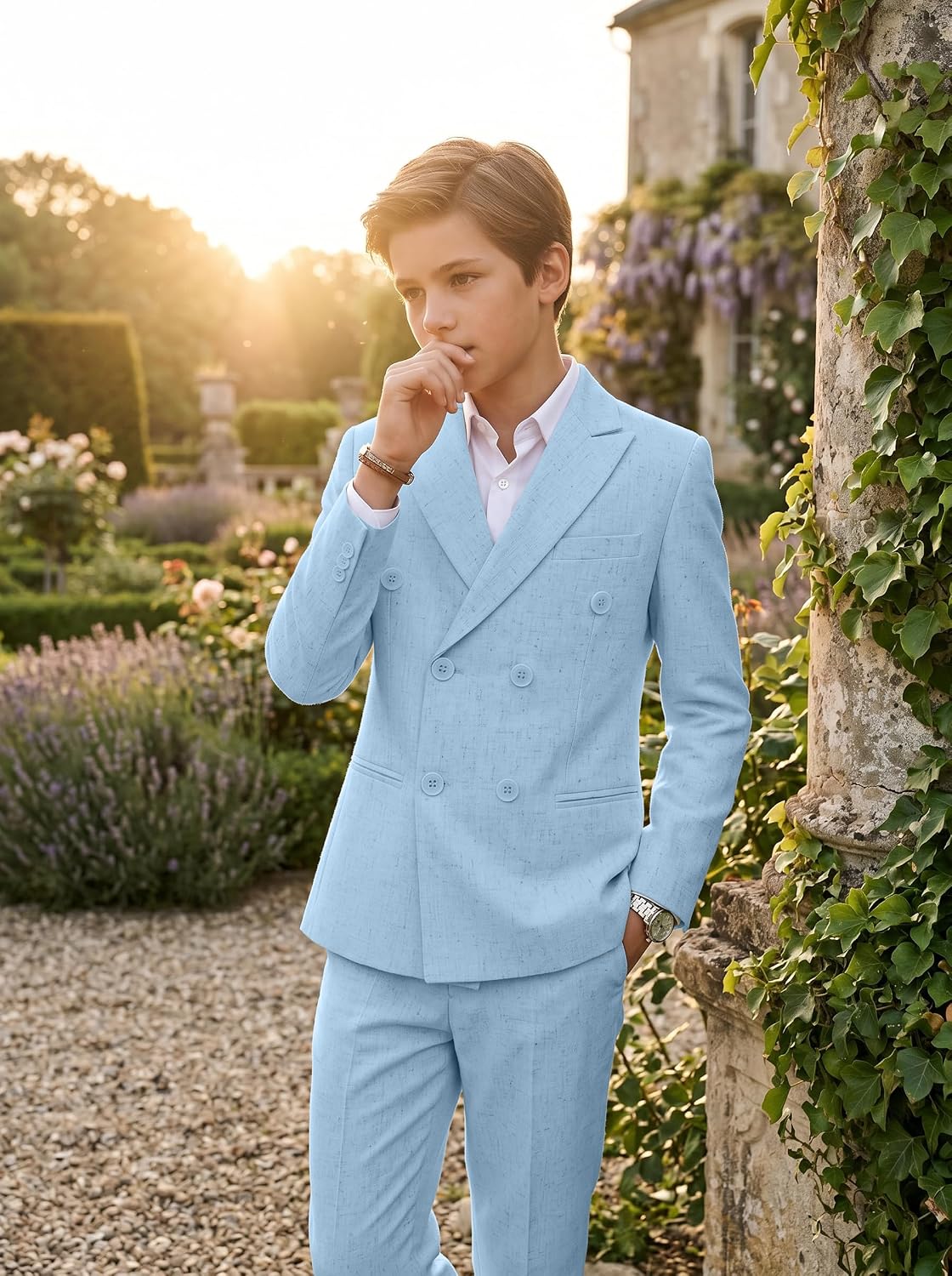 Boys Linen Suit 5 Piece Summer Wedding Suits Kids Casual Tuxedo Double Breasted Jacket Pants Set Formal Suit for Boy