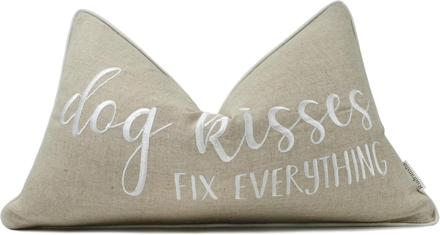 Rudransha Inspirational Dog Quote Lumbar Pillow Cover – 12x20 Ivory Cotton – Dog Kisses Fix Everything image 4