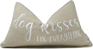 Rudransha Inspirational Dog Quote Lumbar Pillow Cover 12x20 Natural Linen Dog Kisses Fix Everything