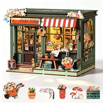 Book Nook DIY Miniature House Kit, 3D Wooden Puzzle Coffee House Dollhouse with Light & Tools, Creative Bookshelf Insert Craft Gifts for Adults Teens Aura Verde Flower Room