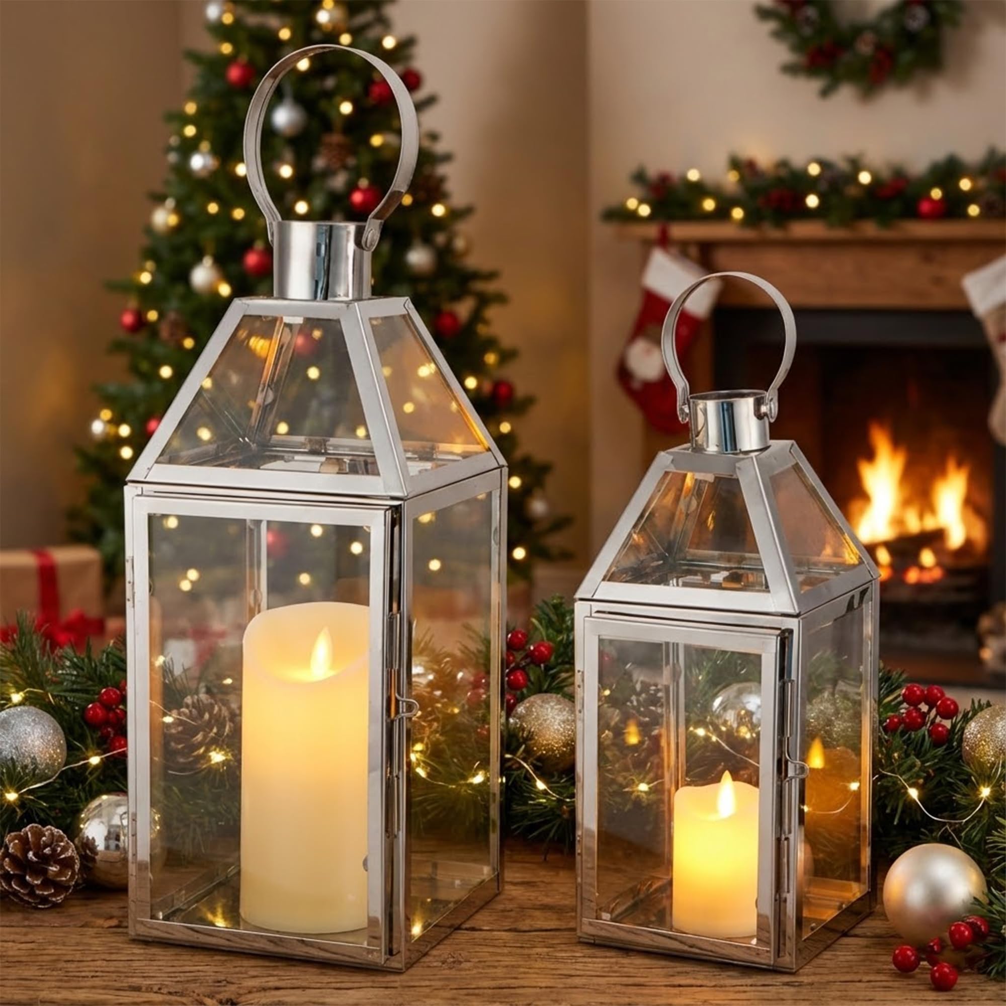 TRIROCKS Zestaw 2 dekoracyjnych lampionów ze stali nierdzewnej 34 cm i 26 cm wysokości, metalowe świeczniki ze szkłem hartowanym, do dekoracji domu, salonu, imprez, na stół, do wewnątrz, na zewnątrz
