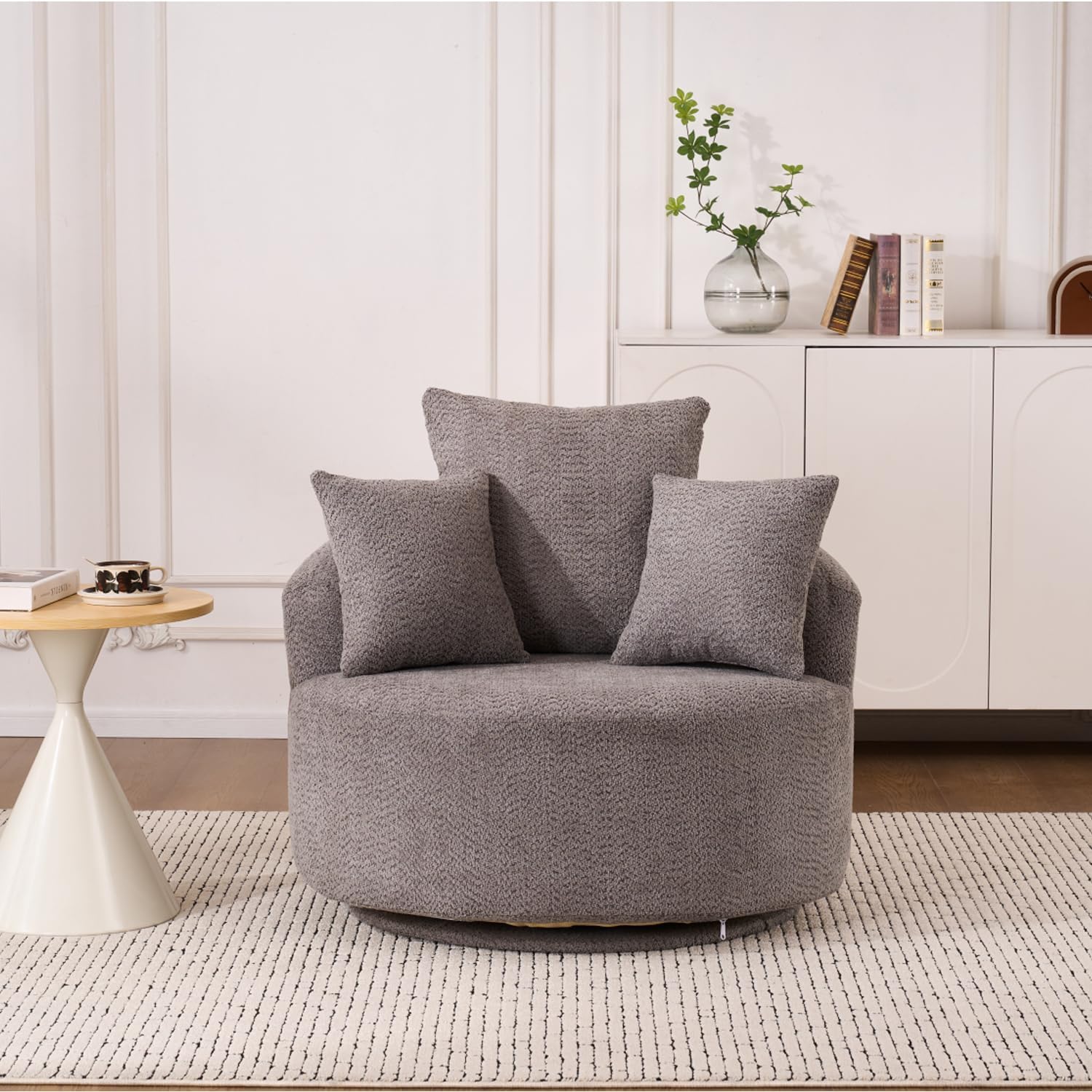 38.58 Inch Single Seat Swivel Sofa Chair,Classical Barrel Shaped Couch,Crochet Yarn Fabric Couches with 3 Pillows,Modern Compressed Sofas for Home Living Room Office Hotel Apartment