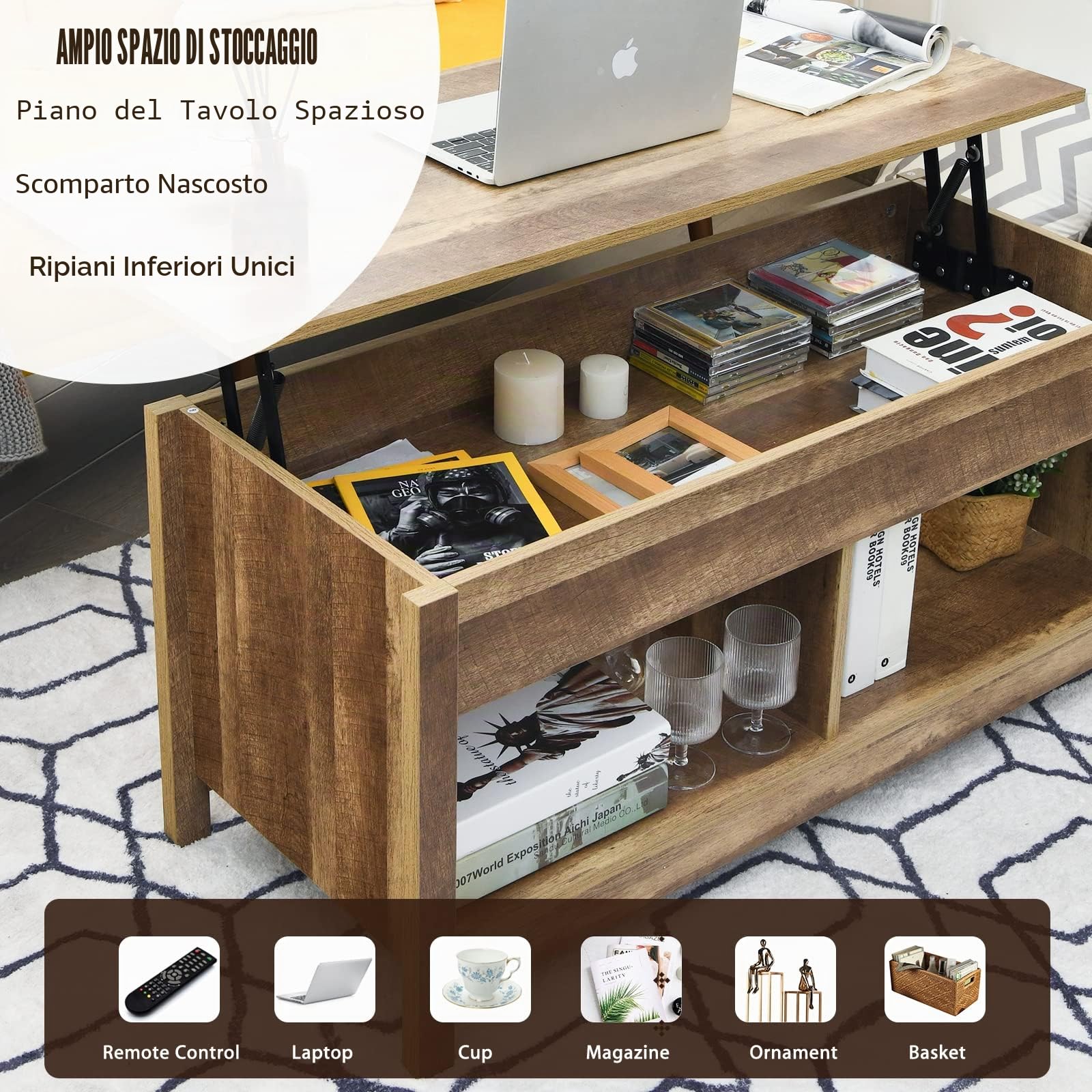LIFEZEAL Tavolino da Salotto, Tavolino Sollevabile, Elevabile, Alzabile, Tavolino da Caffè, da Divano, Moderno, Basso, in Legno, Vano, Scomparti, Soggiorno, Ufficio, Max 50kg, 109x47,5x50-63cm, Rovere