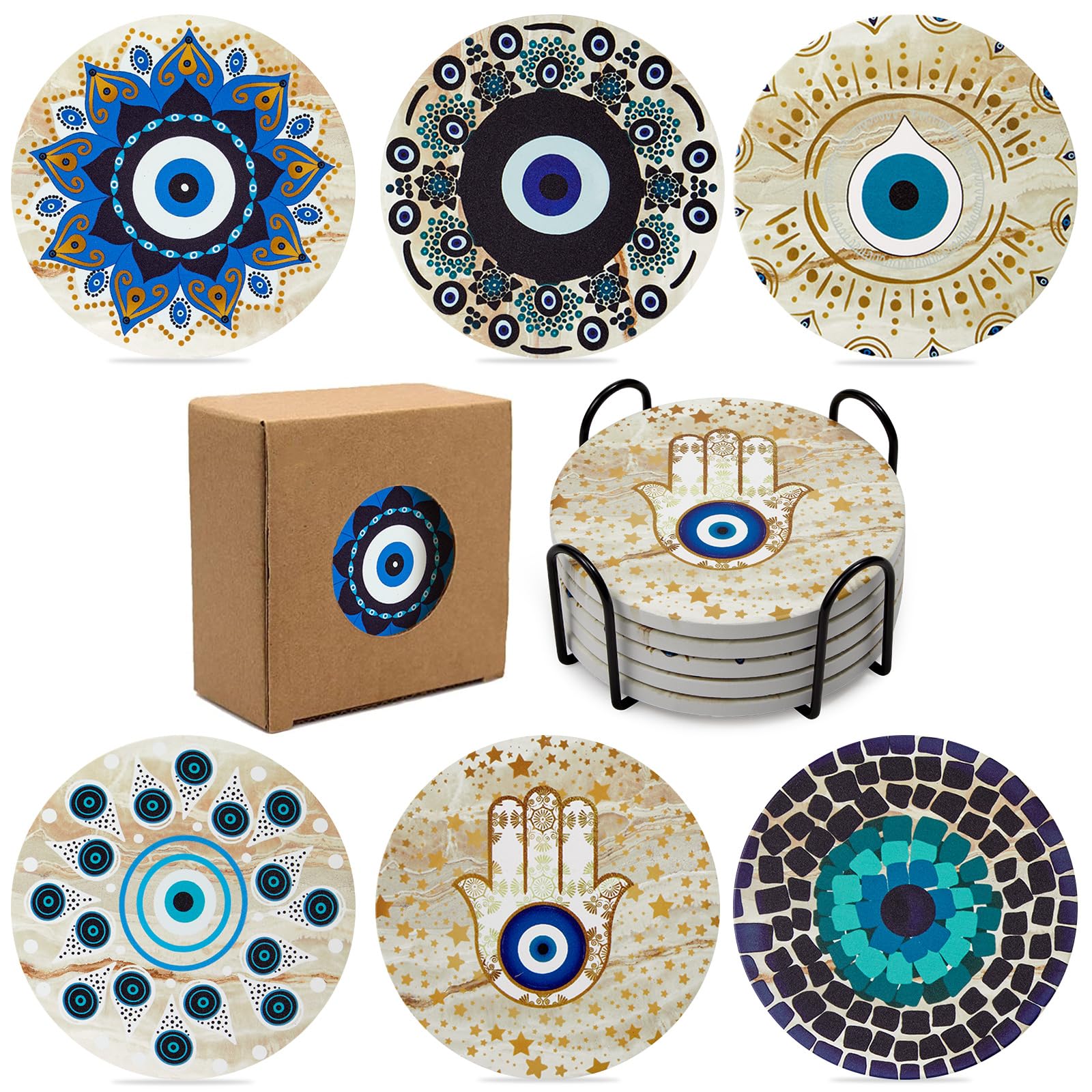 Evil Eye Coasters Gifts for Women,Ojo Turco Stone and Cork Coaste Set with Coasters Holder for Coffee Table,Greek Home Decor,Kitchen Accessories Coaster for Housewarming,Halloween 6 Pcs(Yellow)