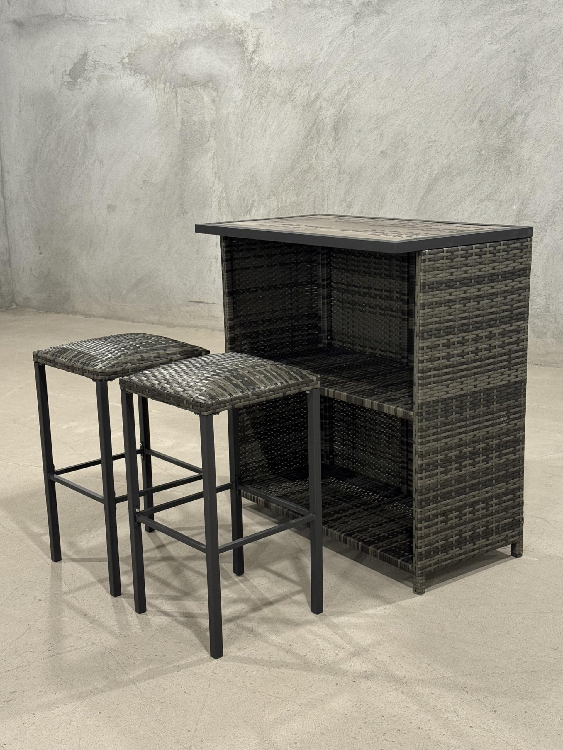 GarveeHome Ensemble table de bar et tabourets avec rotin PE gris dégradé – Table de bar avec 2 chaises de bar en rotin durable, cadre en acier, ensemble moderne pour l'extérieur et l'intérieur