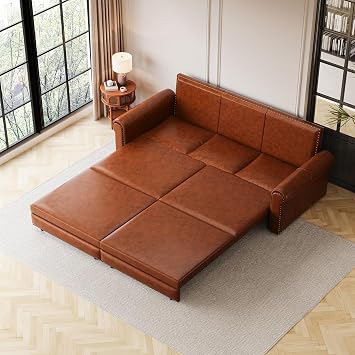 93.7"W King Pull Out Sofa Bed 3 in 1 Faux Leather Convertible Sleeper Sofa Bed with Adjustable Backrest and Nailhead Trim, Modern Upholstered Chesterfield Sofa Couch for Living Room Apartment, Brown