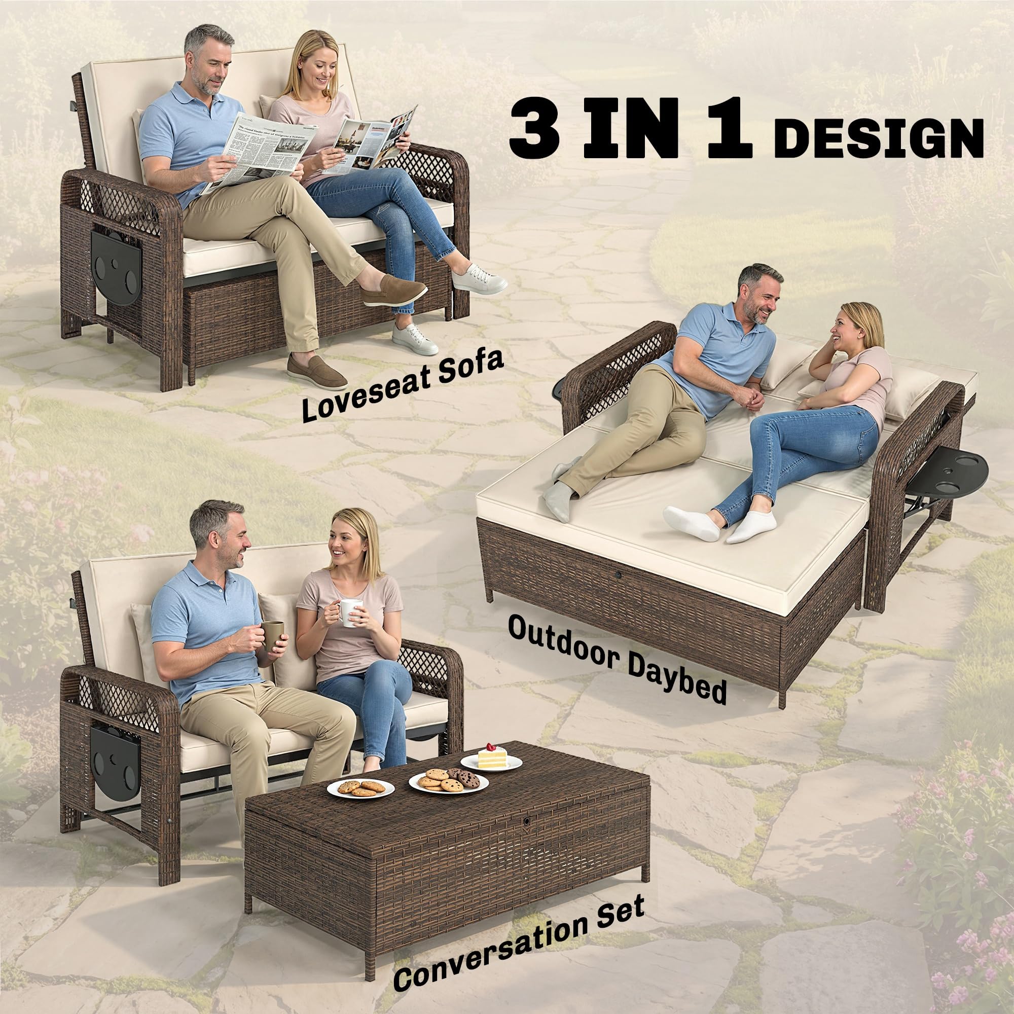 Outsunny 2 Pieces Patio Lounge Chair Set with Cushions, PE Wicker Outdoor Chaise Lounge with Adjustable Backrest, Side Trays and Storage Ottoman, Tanning Chair, Cream White - 4