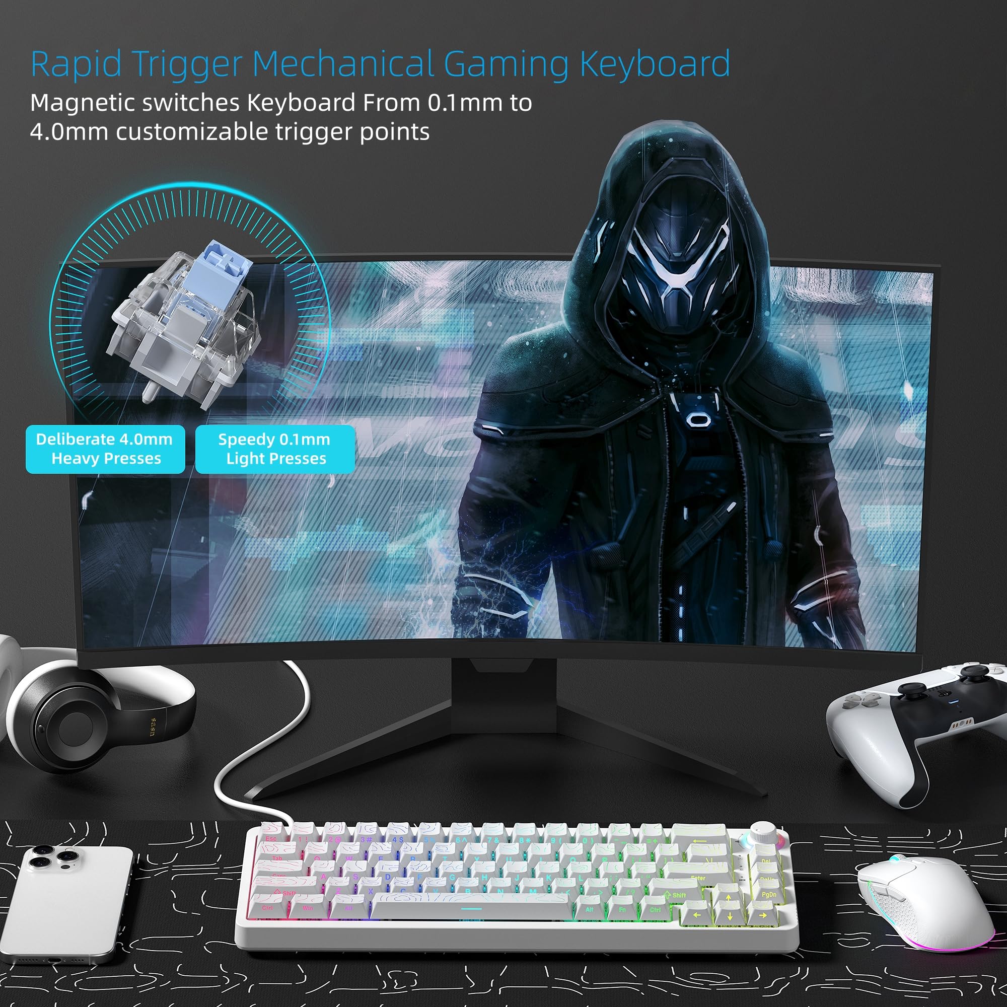 Womier Teclado M68 HE V2 60% de disparo rápido, efecto Hall, teclado mecánico personalizado RGB con cable con interruptor magnético, teclas PBT para Mac/Win (blanco)