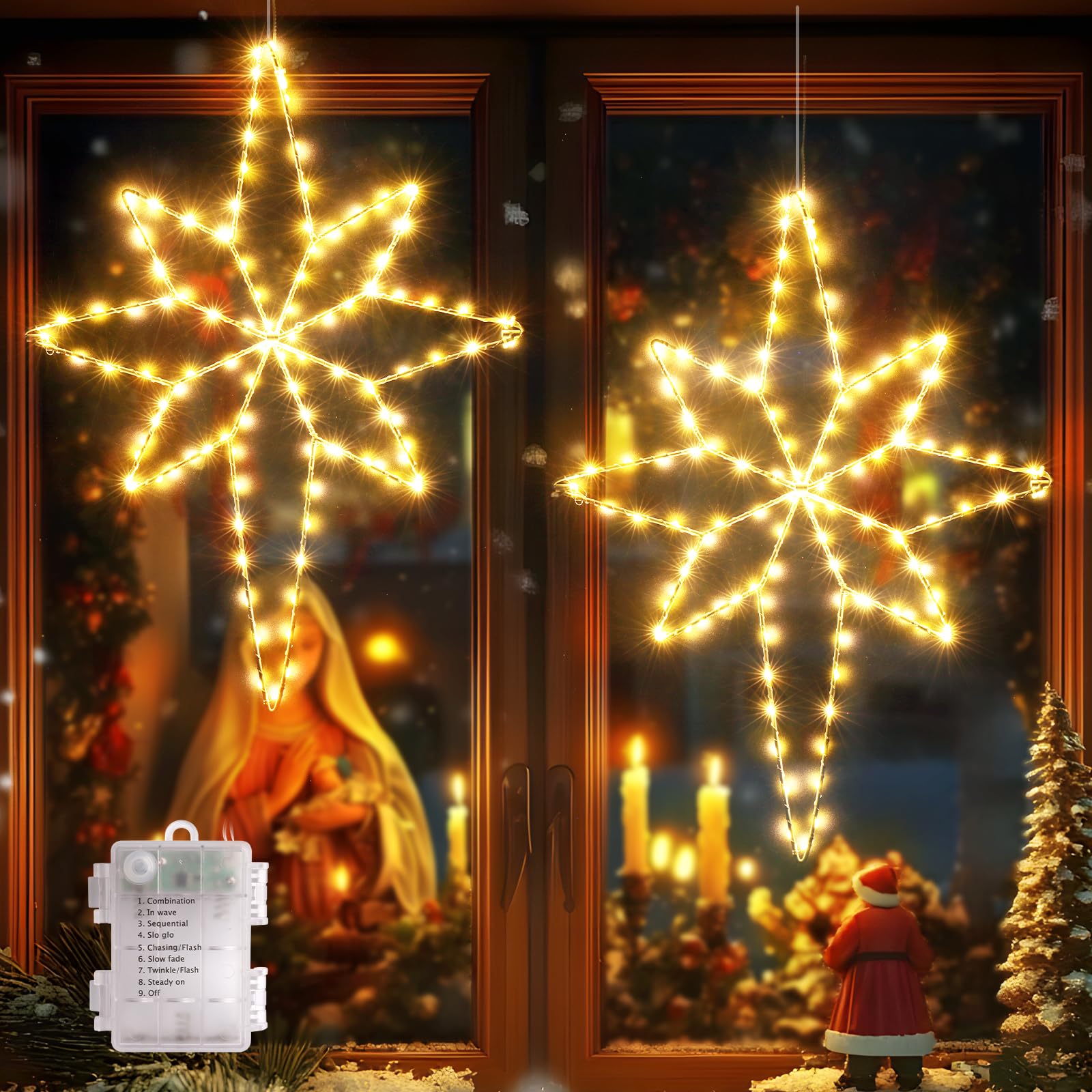 Quntis Confezione da 2 luci a stella di Natale pieghevole, 58 cm Big Star 236 LED decorazione per finestra con batteria gancio per timer, IP44 decorazione natalizia per interni esterni bianco caldo