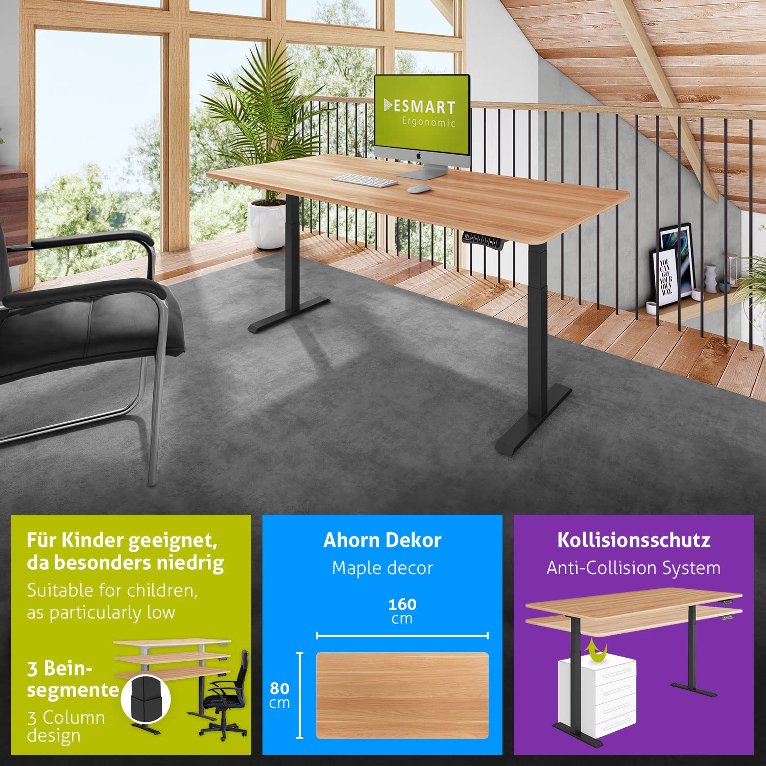 ESMART EZX-132BM 160 x 80 cm Arredamento in acero Ergonomischer Steh-Sitz-Schreibtisch Stufenlos elektrisch höhenverstellbar 60,5-125,5 cm Aktivitätserinnerung Schnelle Montage