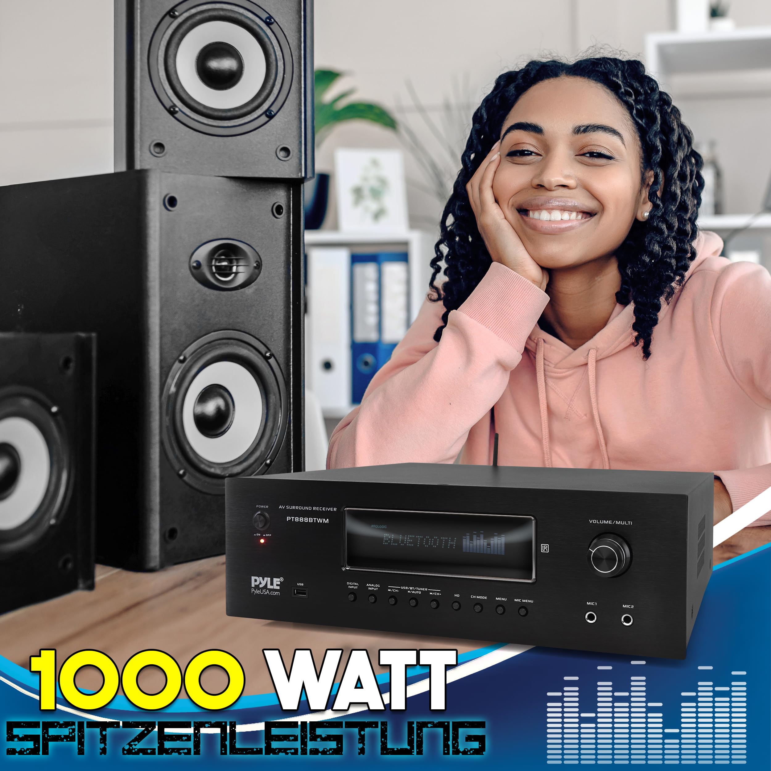 Pyle AV-Receiver 5.2 Kanal HiFi Verstärker mit Bluetooth HDMI ARC 4K Pass-Through 1000W 2 UHF-Funkmikrofone Heimkino