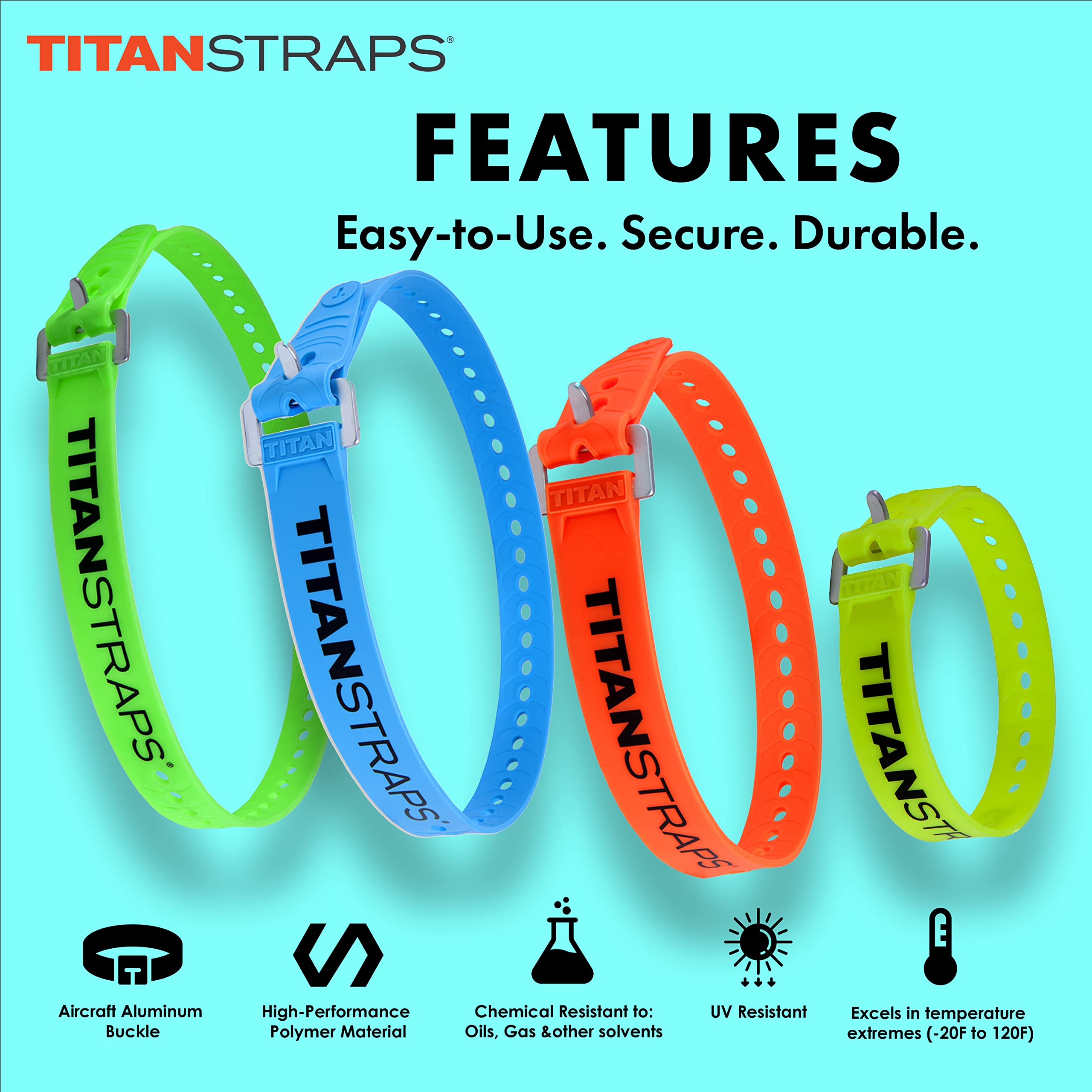 Titan Straps Sicherheitsgurt-Set zum Sichern von Splits, Lastenfahrrädern, Gartenschläuchen, Holzbearbeitungsprojekten - 31,8 kg, Arbeitslast, 50,8 cm/63,5 cm/76,2 cm/91,4 cm Länge, 50,8 cm Gelb/63,5