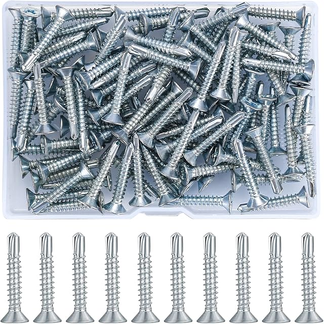 100 Pcs Self Tapping Cross Flat Head Screws, 4.2 * 25mm Self Drilling Countersunk Wood Screws with Drill Tails, Sheet Metal Screws for Metal