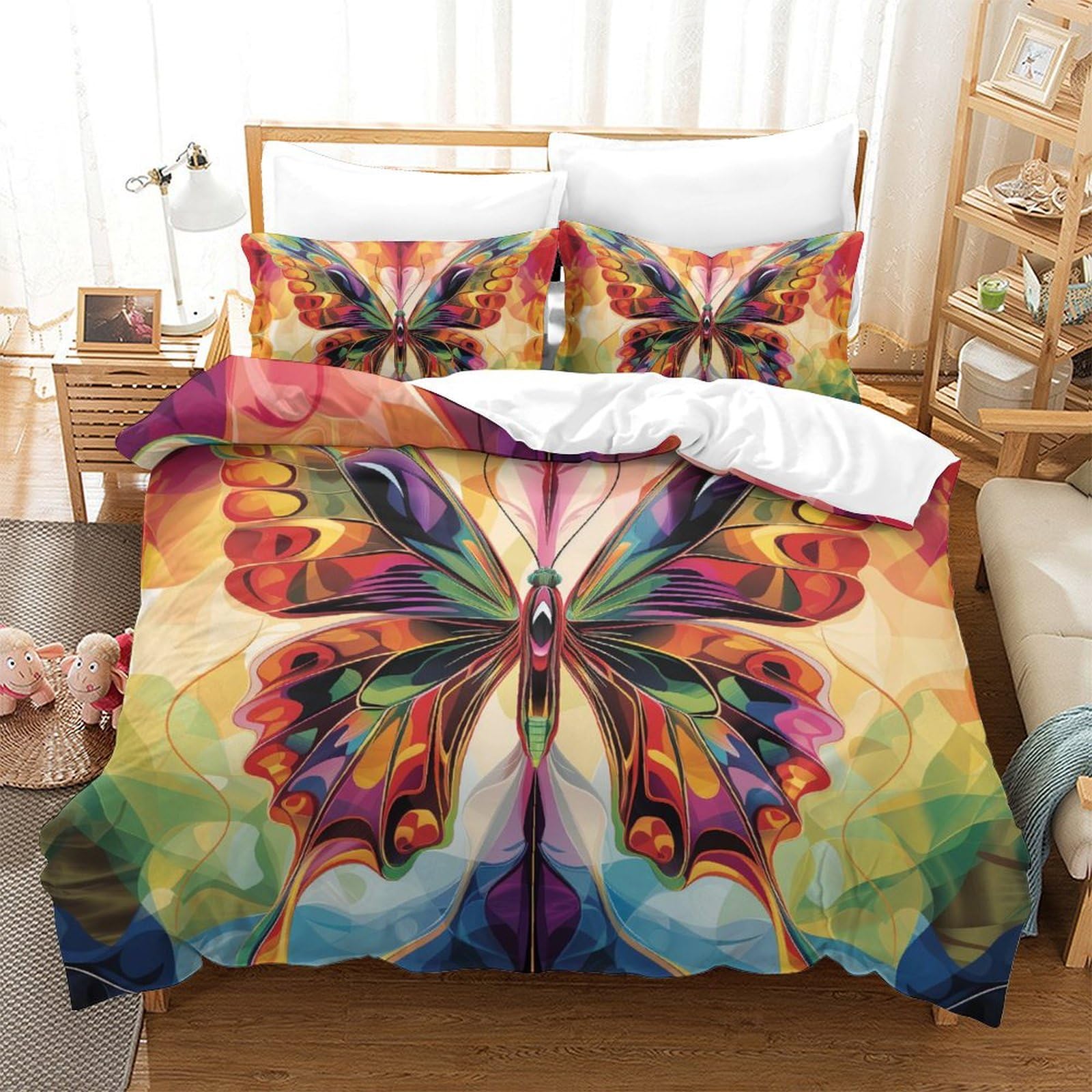 Housse de couette papillon 3D microfibre parure de lit 3 pièces 220x240cm avec zip