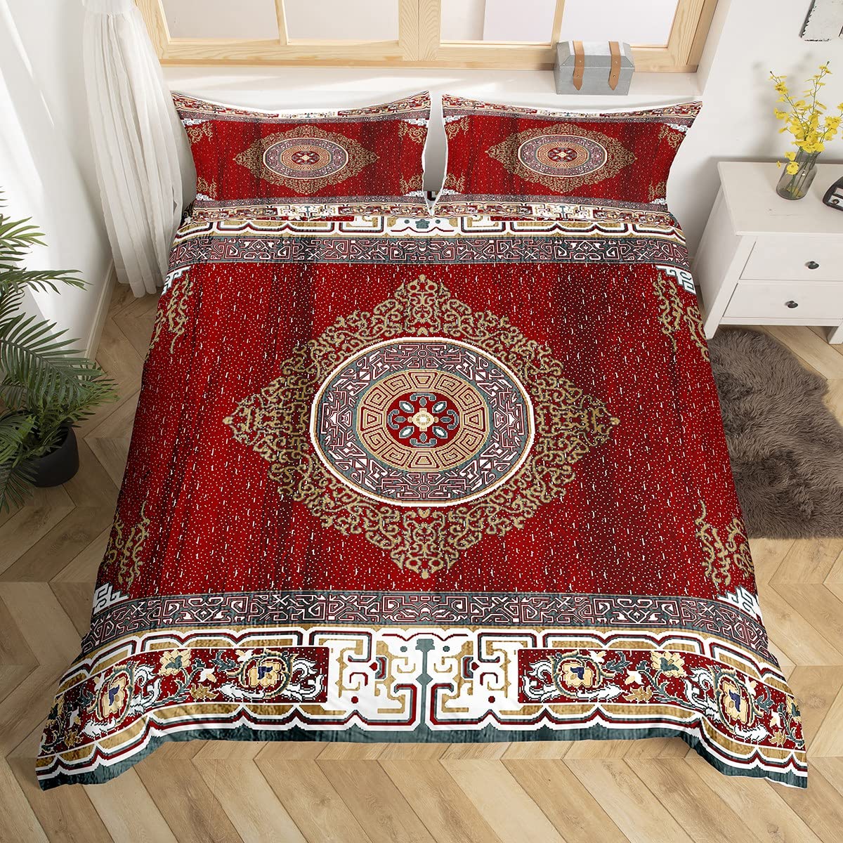Homewish Boys Multi 22 Tribal Pattern Duvet Cover Double Exotic Geometric Lattice Bedding Set Boho Red Yellow Square Grid Comforter Cover Retro Bohemian Room Decor National Abstract Quilt Cover