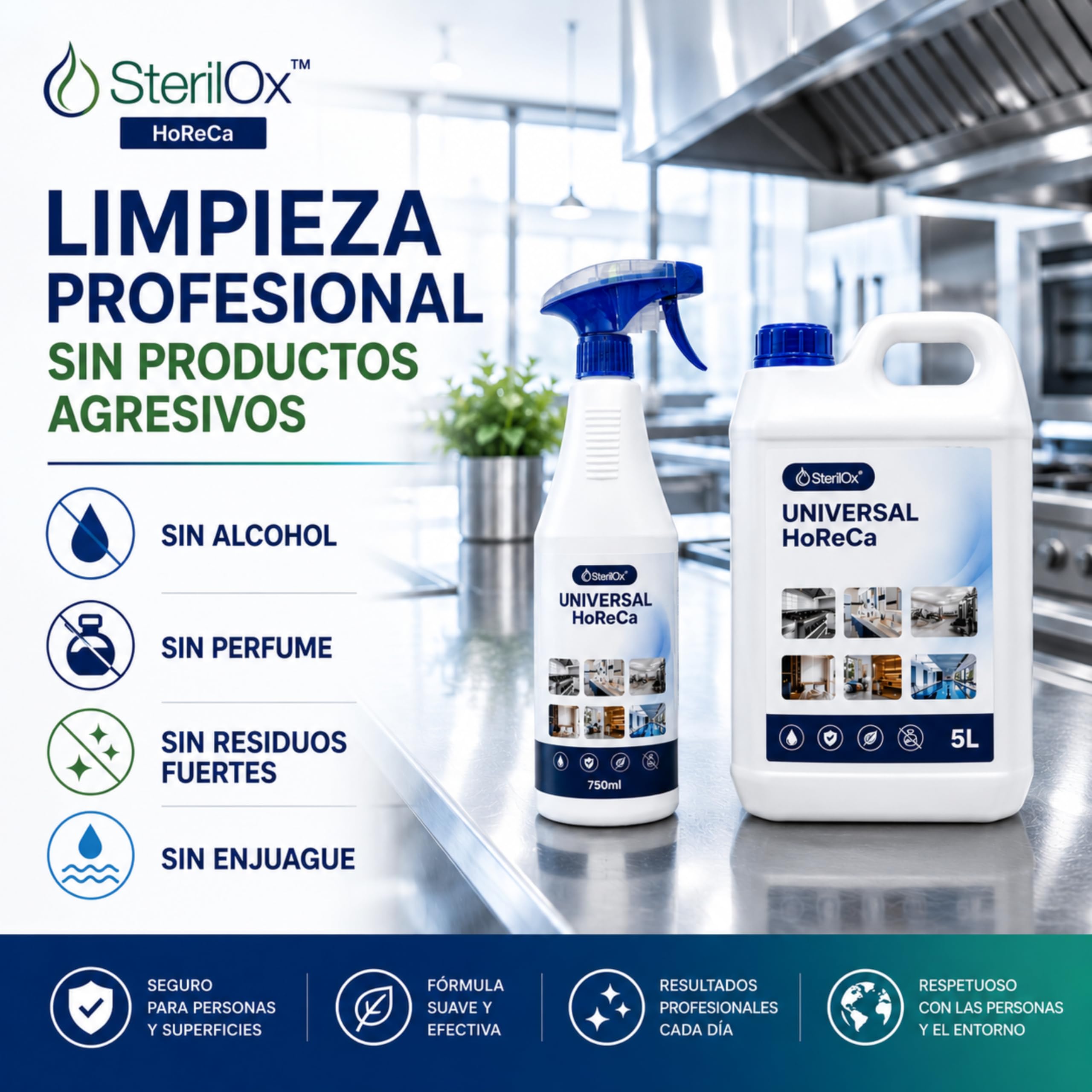 Universal HoReCa 5L - Prodotto Professionale per la Pulizia con Acido Ipocloroso HOCl - Senza Alcol, Senza Risciacquo - Per Cucine, Hotel, SPA, Palestre - Compatibile con Fogger