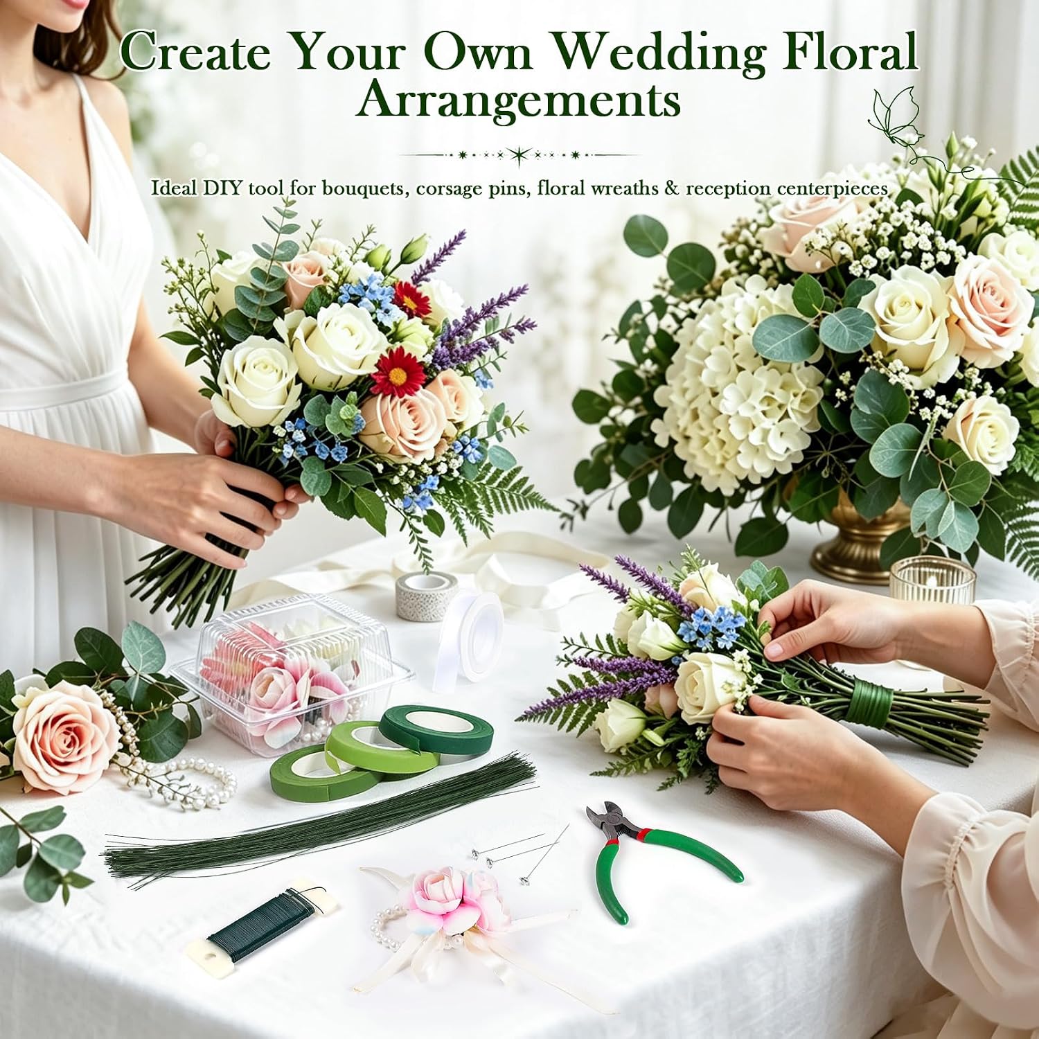 Floral Tape and Floral Wire Kit with Pearl Wrist Corsage Bands, Clear Plastic Corsage Boxes, Corsage Pins, Floral Arrangement Corsage Making Kit for DIY Crafts, Wedding Bouquets, Florist Making