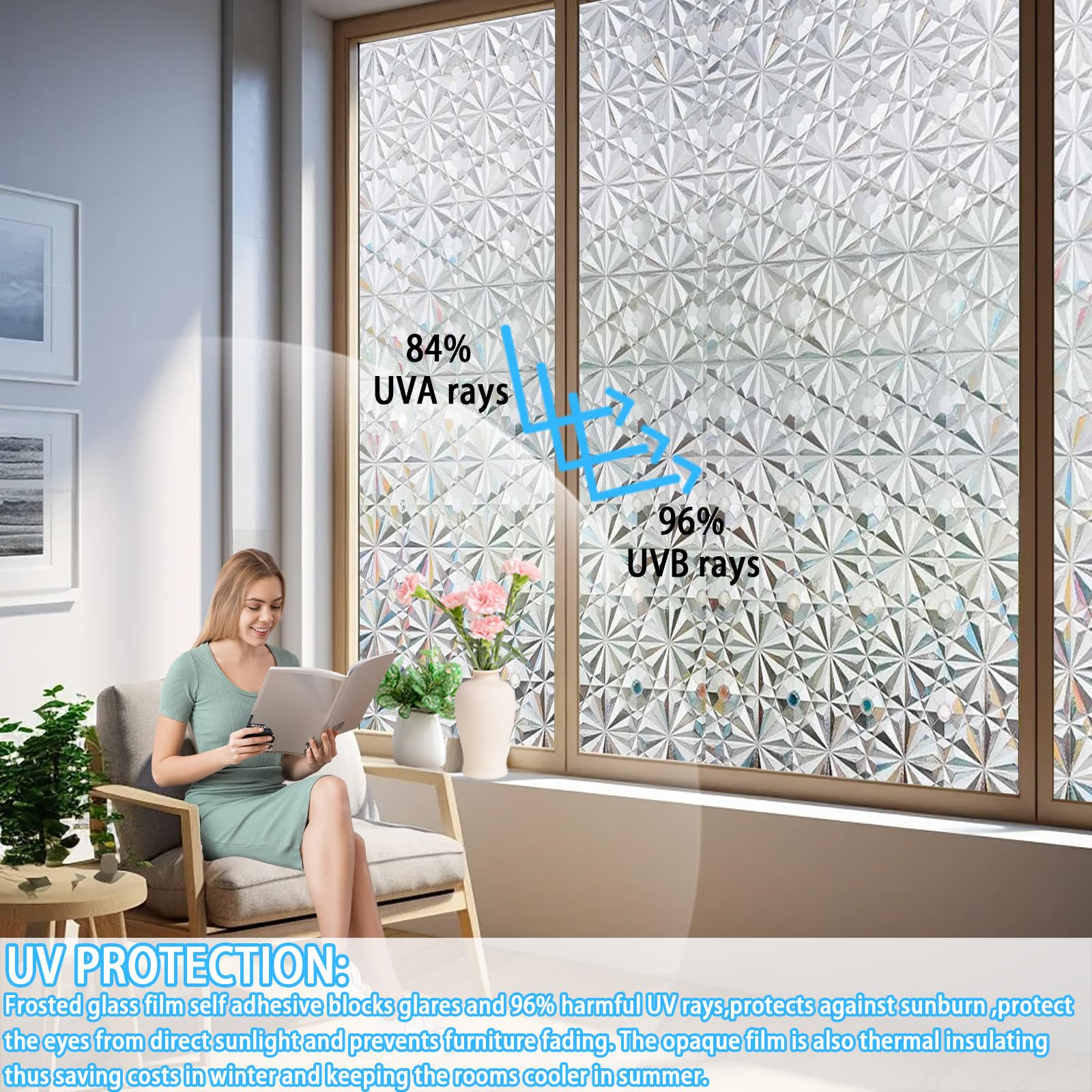Window Privacy Film 80 x 400 cm Blokująca Promienie Uv, Matowa, Nieprzezroczysta, Zdejmowalna, Przylegająca Elektrostatycznie, Folia Na Szkło Matowe Na Okna, Diament 3D