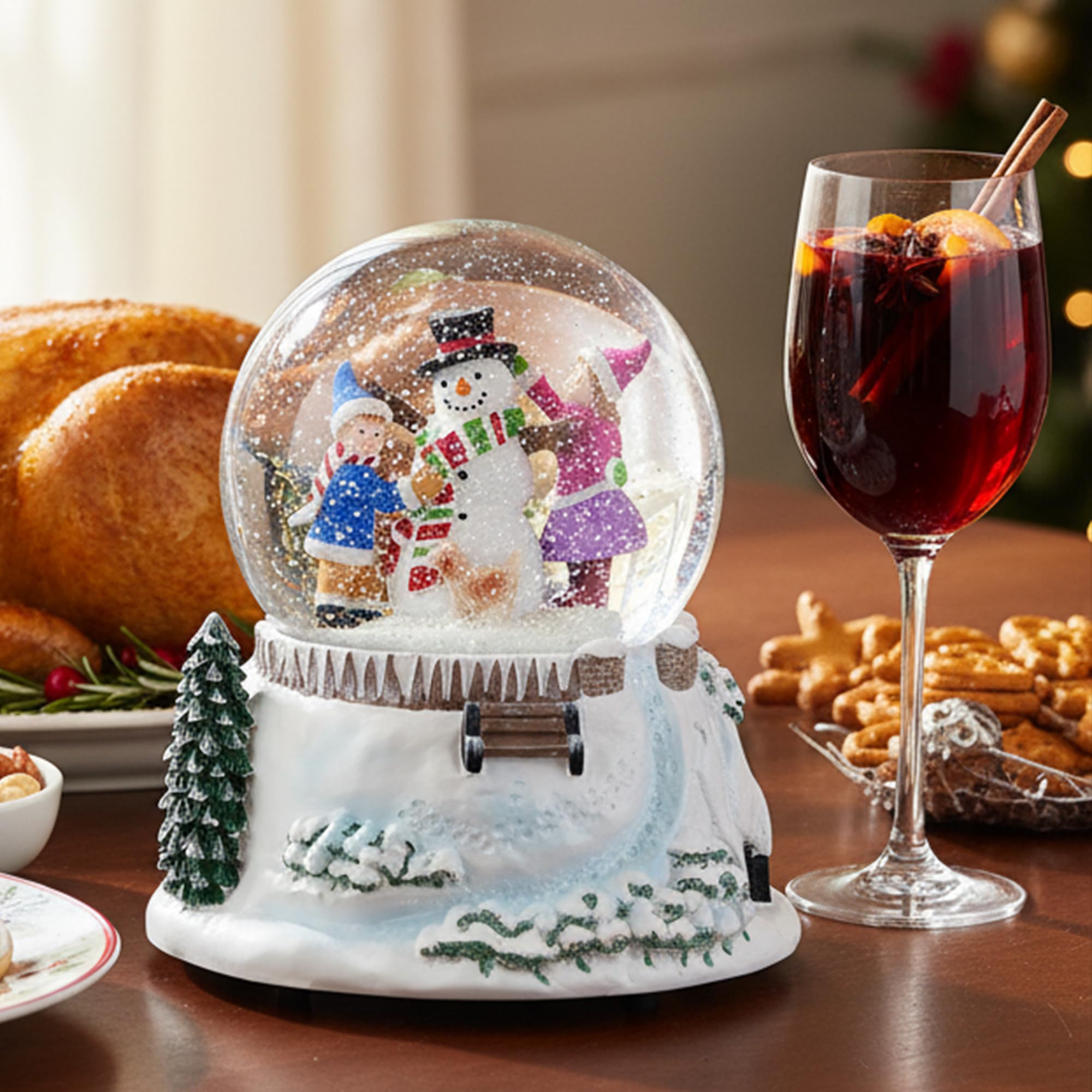 Boule à neige de Noël bonhomme de neige et amis avec lumières LED et chute de neige, boule à neige musicale pour les vacances, Père Noël vient en ville, décoration d'intérieur d'hiver, mélodie d'hiver