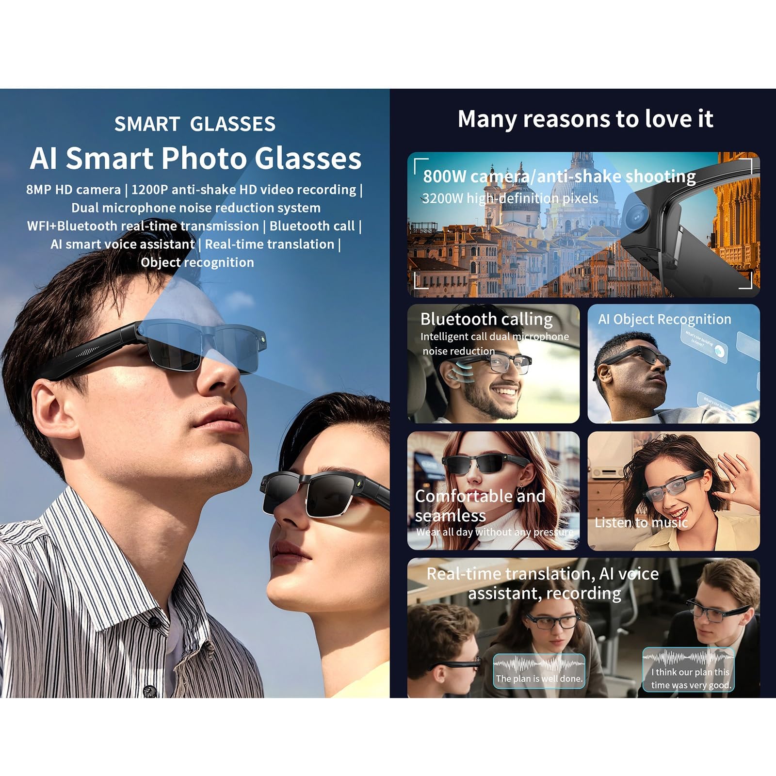 8MP Gafas Con Cámara, Gafas Inteligentes Con IA, Con Traducción En Tiempo Real Y Reconocimiento De Objetos, Estabilización De 1200p, Compatible Con IOS/Android, Para Viajes Y Negocios(White)