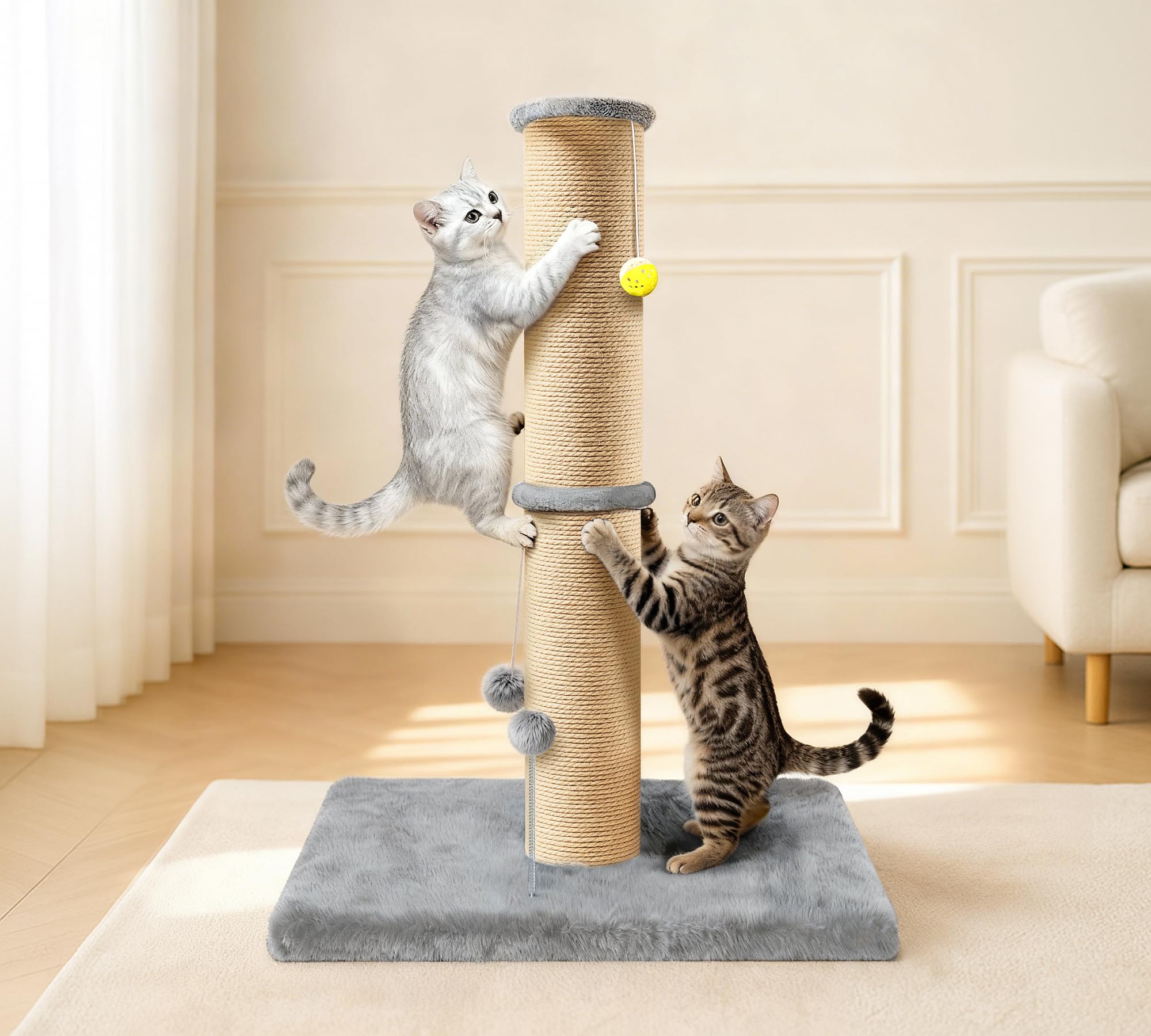 Sisal Kratzbaum 13,5 cm Dick, 91 cm Hoher Kratzturm mit Oberer Plattform und Extra Stabilem Sockel (54 × 41 cm), Strapazierfä Higer Kratzbaum für Wohnungskatzen, Grau