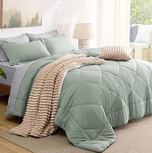 Miniatura 7 de Bedsure Juego de edredón, California king, reversible, de 7 piezas, en una bolsa, con edredón, sábanas, fundas de almohada y fundas, verde salvia