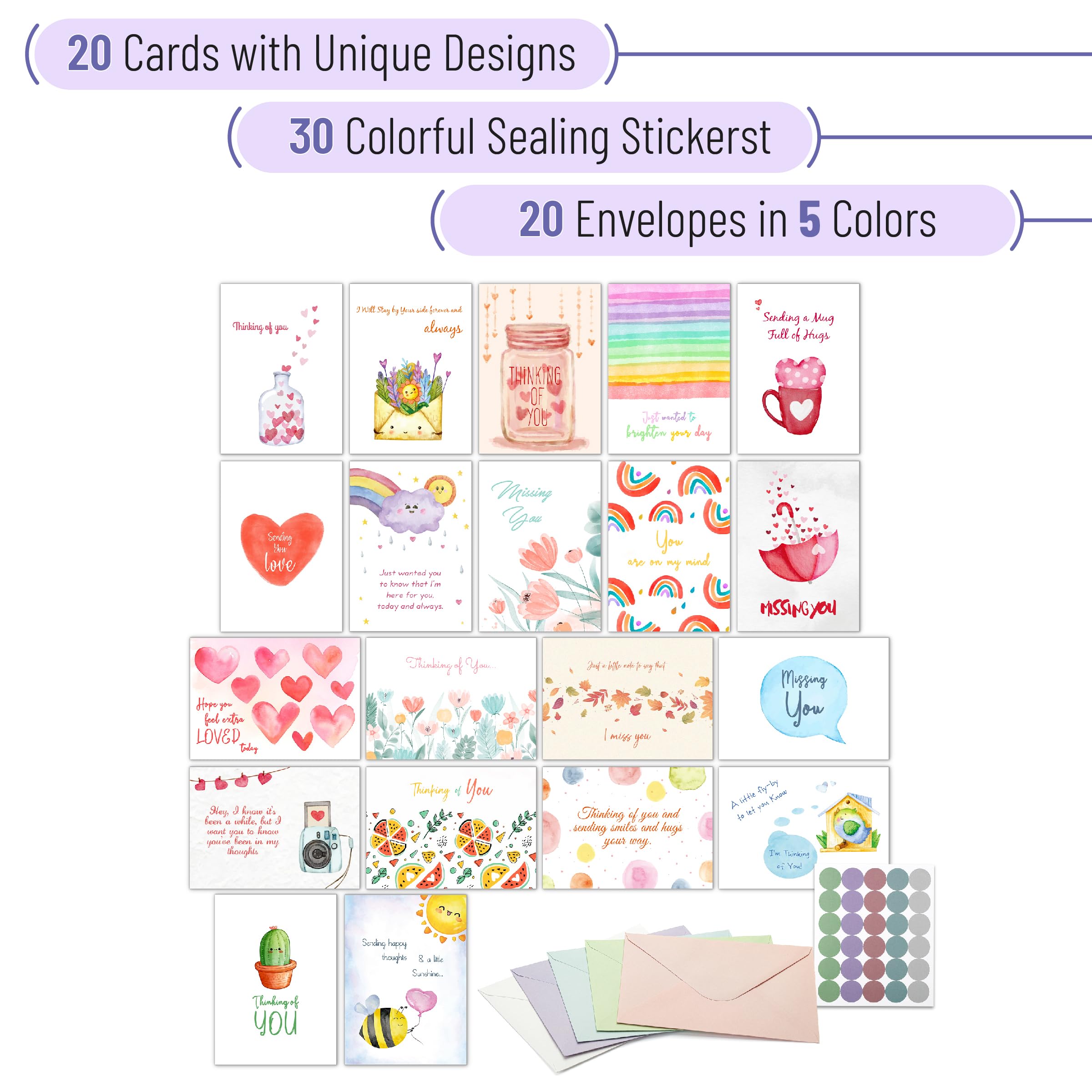 Mr. Pen- Thinking of You Cards with Envelopes, 20 Unique Designs, Large 5”x7”, Thinking of You Card, Blank Inside, Greeting Cards Thinking of you, Encouragement Cards, Note Cards with Envelopes