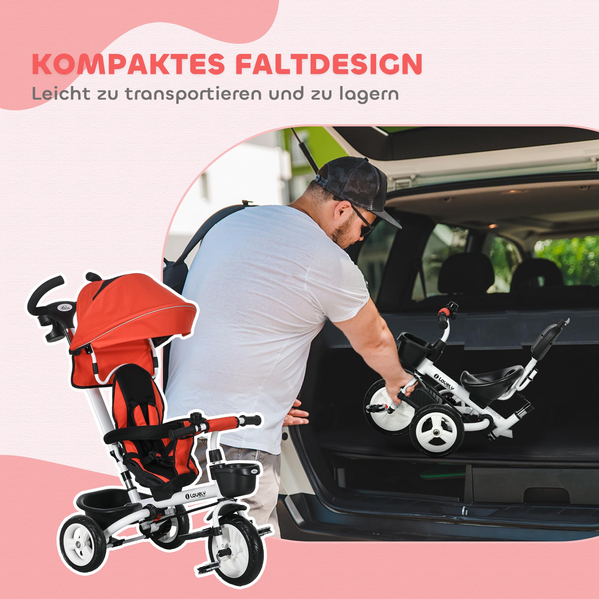 HOMCOM Dreirad 6 in 1 mit Schubstange für 1-5 Jahre Kinder bis 25kg, Kinderdreirad mit Vorwärts und Rückwärtsfahrt, Korb Getränkehalter, Faltbar Abnehmbar Sonnendach, Rot