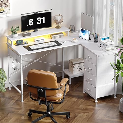 OtterOasis 51" L Shaped Computer Desk with 4 Drawers, L Shaped Gaming Desk with Monitor Stand, Reversible Computer Desk for Home Office, Corner Office Desk with USB Port | LED Lights, White - White - Desk with Drawers(51"W x 39"D x 29.5"H)